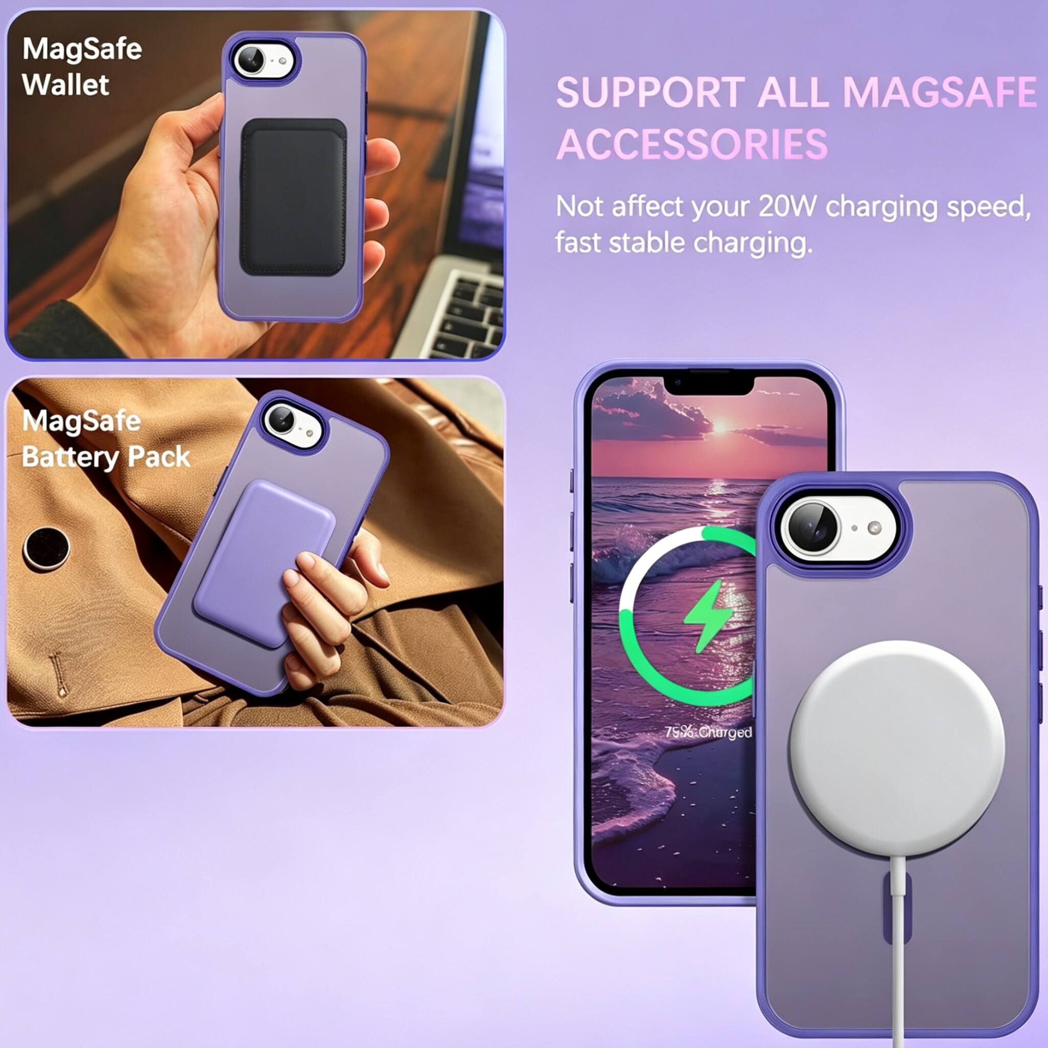 MagSafe Wallet SUPPORT ALL MAGSAFE ACCESSORIES Not affect your 20W charging speed, fast stable charging. MagSafe Battery Pack 4 75% Charged