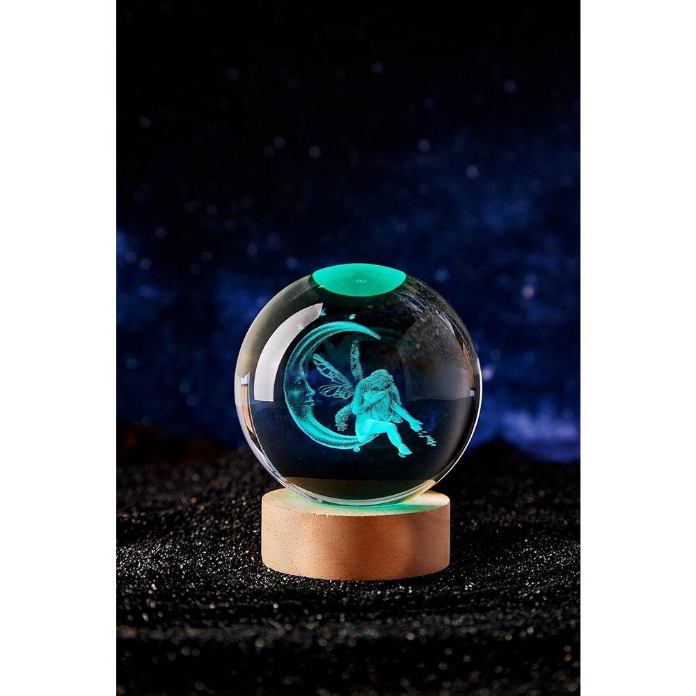 Angle. MOSZAR LLC - Moon & Fairy Crystal Ball Night Light, 16 Colors, Wooden Base, Remote Control.