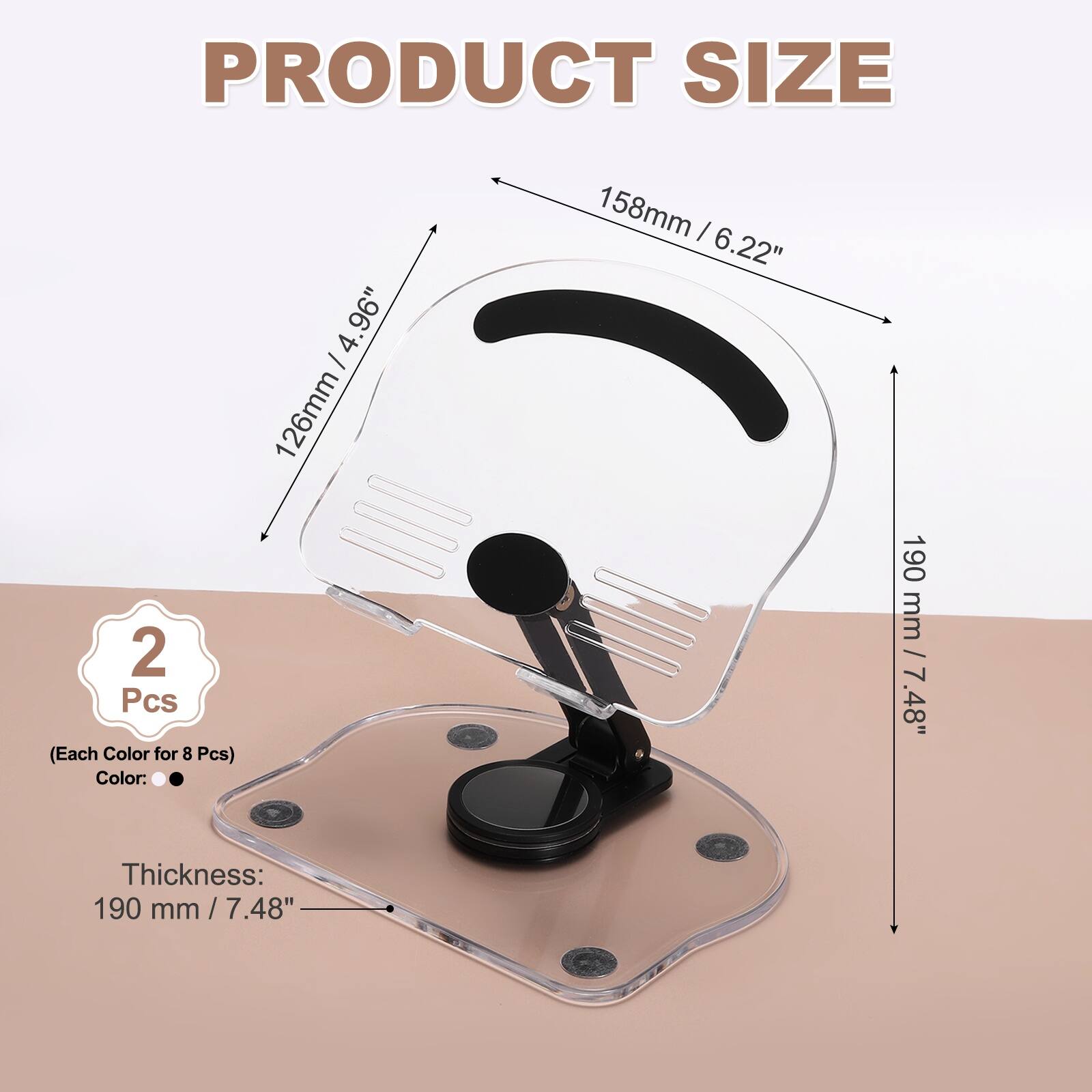 PRODUCT SIZE  
4.96" - 126mm / 4.96" 126mm  
2 Pcs (Each Color for 8 Pcs)  
Color: 158mm / 6.22"  
Thickness: 190 mm / 7.48"