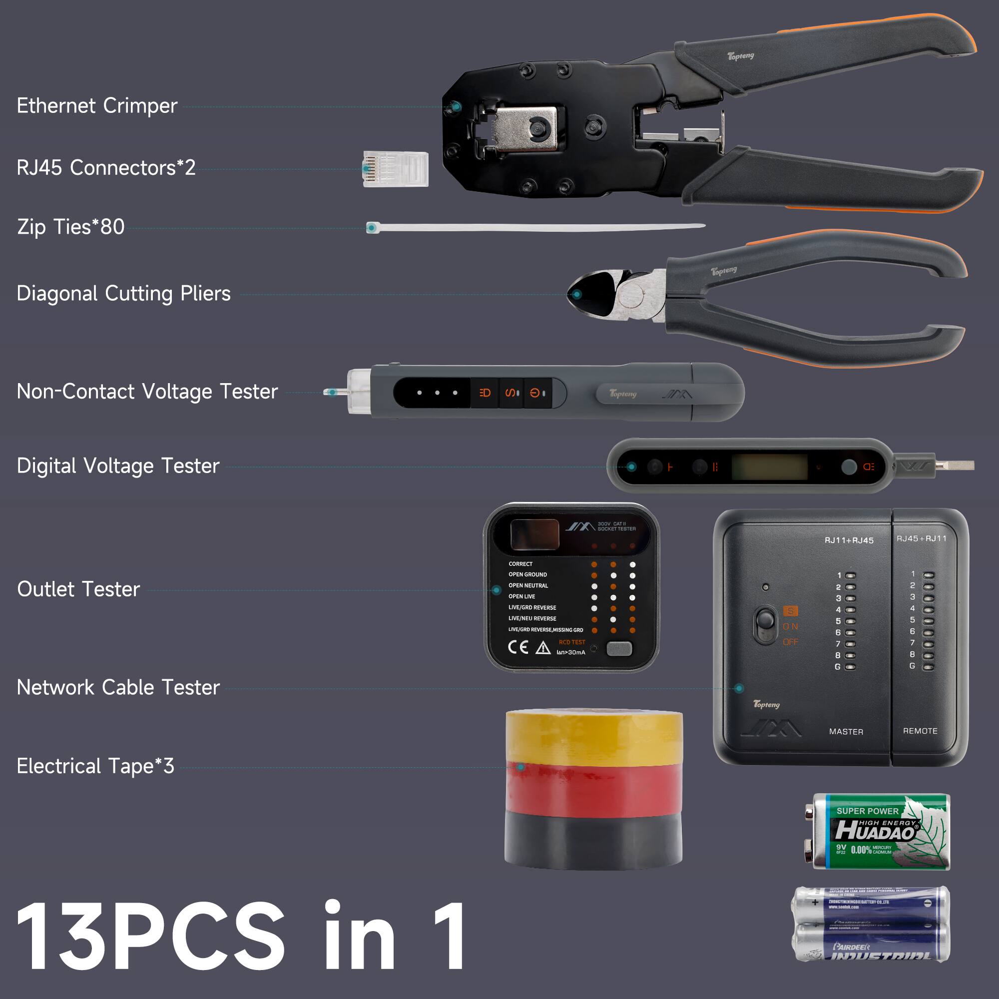 Sure, here is the corrected and grouped text:

---

**Ethernet Crimper**

**RJ45 Connectors*2**

**Zip Ties*80**

**Diagonal Cutting Pliers**

**Non-Contact Voltage Tester**

**Digital Voltage Tester**

**Outlet Tester**

**Network Cable Tester**

**Electrical Tape*3**

**SUPER POWER**

**HUADAO**

**13PCS in 1**

---

**CE**

**ON OFF**

**Epeny**

**PLR**

**RJTT.RJ4S**

**RJ4S-RJ11**

**23488786**

**123458780**

**MASTER REMOTE**

**HUADAO TV EOP**

**13PCS in 1**

**RUETR!**

---