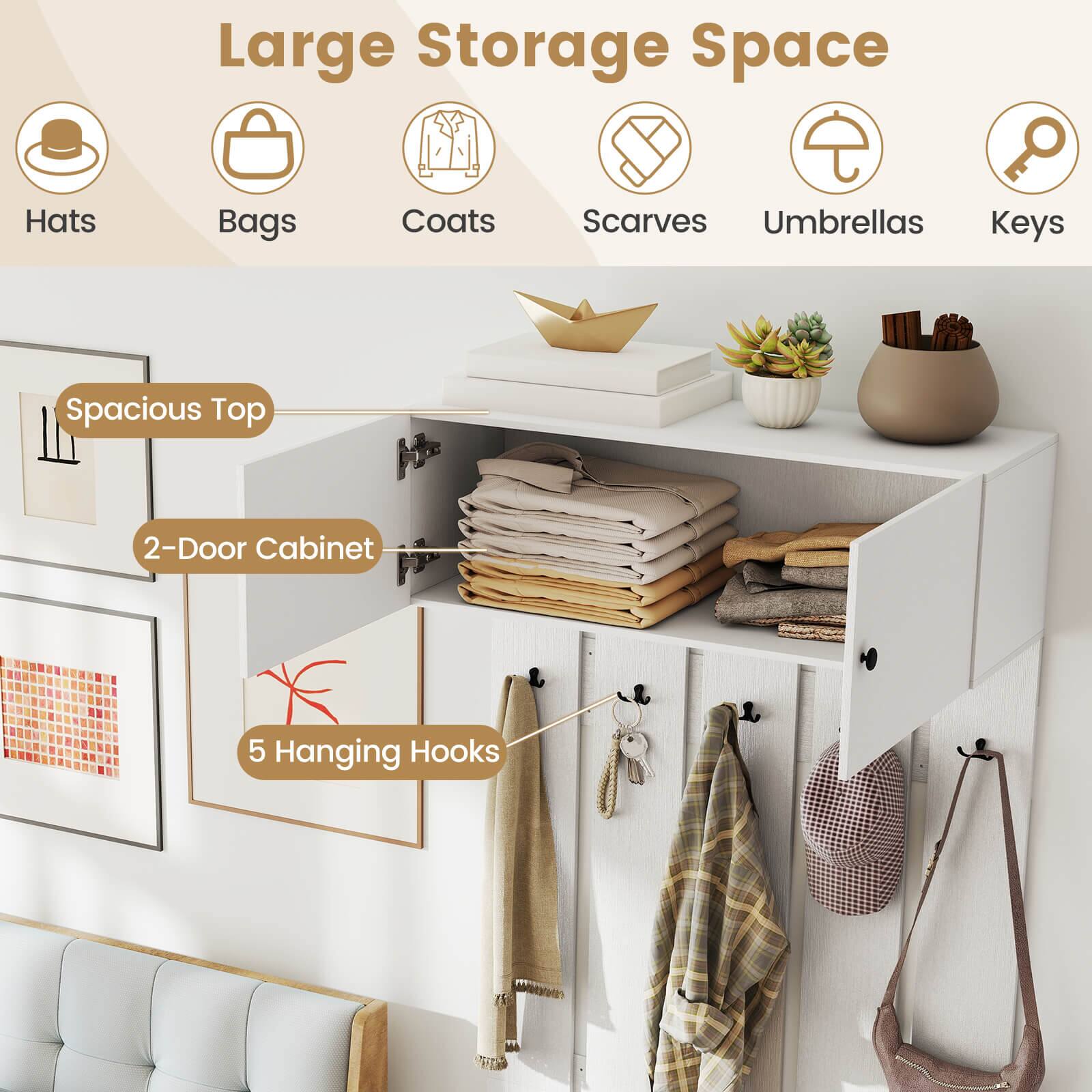 Large Storage Space

- Hats
- Bags
- Coats
- Scarves
- Umbrellas
- Keys

Spacious Top

2-Door Cabinet

5 Hanging Hooks