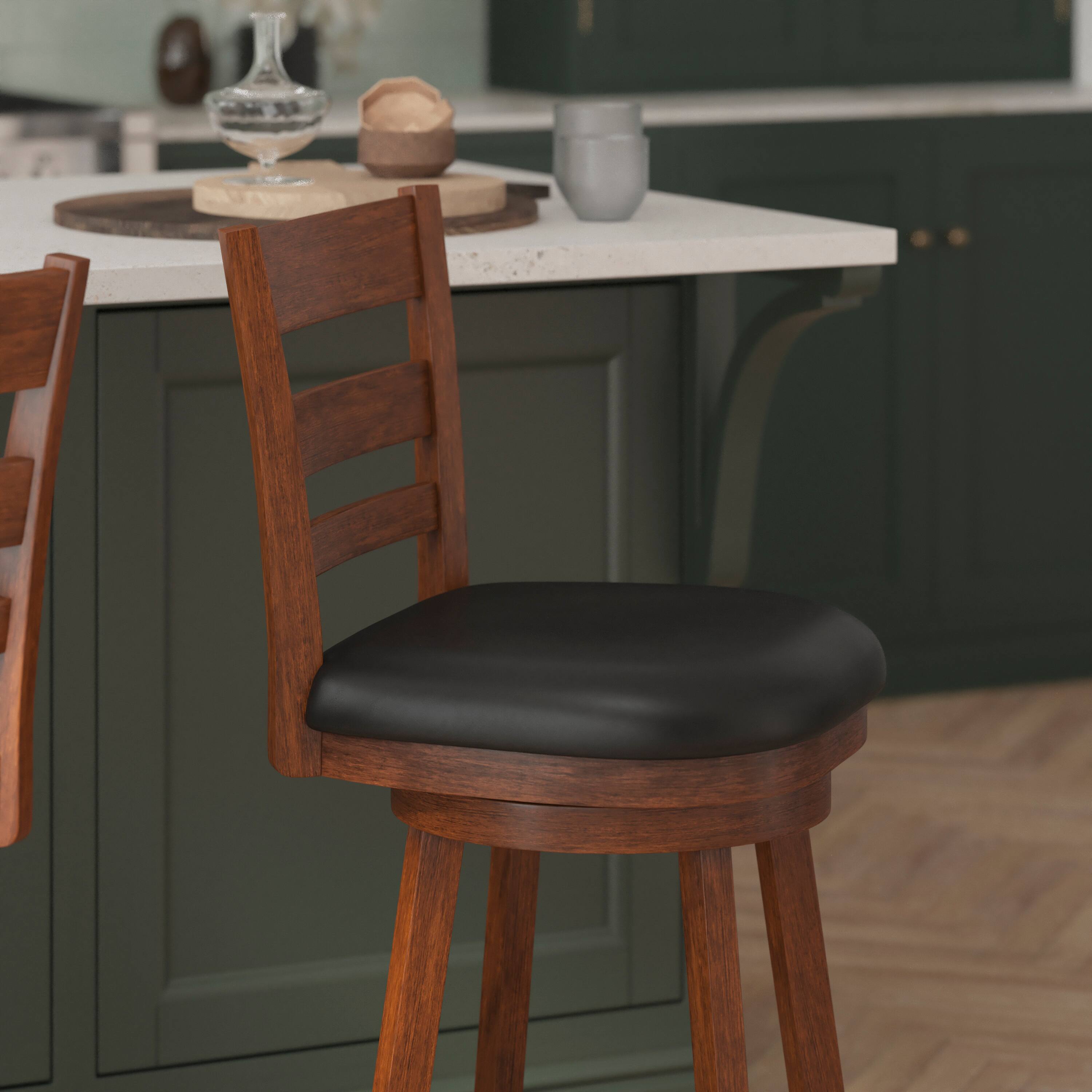 Alt View 3. Flash Furniture - Zerrick Commercial Grade Wood Classic Ladderback Swivel Counter Height Barstool with Padded Black LeatherSoft Seat, Anti - Brown.
