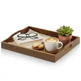 Garnen - Wood Serving Tray with Handles, Rectangular Wooden Serving Tray for Ottoman Coffee Table Patio Breakfast in Bed - Brown