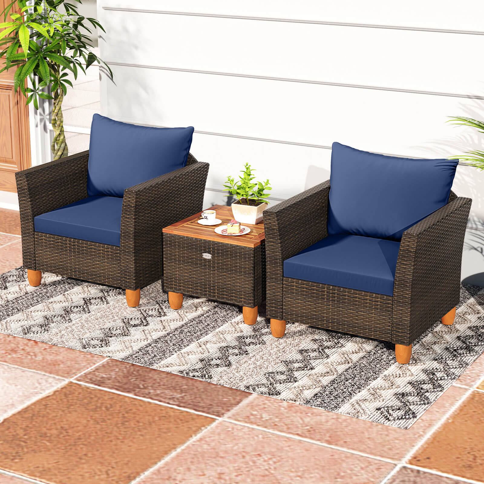 Alt View 1. Costway - Costway 3 PCS Outdoor Patio Rattan Bistro Furniture Set Wooden Table Top Cushioned Sofa - Navy.