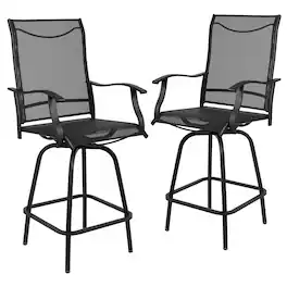 Emma + Oliver - Patio Bar Height Stools Set of 2, All-Weather Textilene Swivel Stools - Black