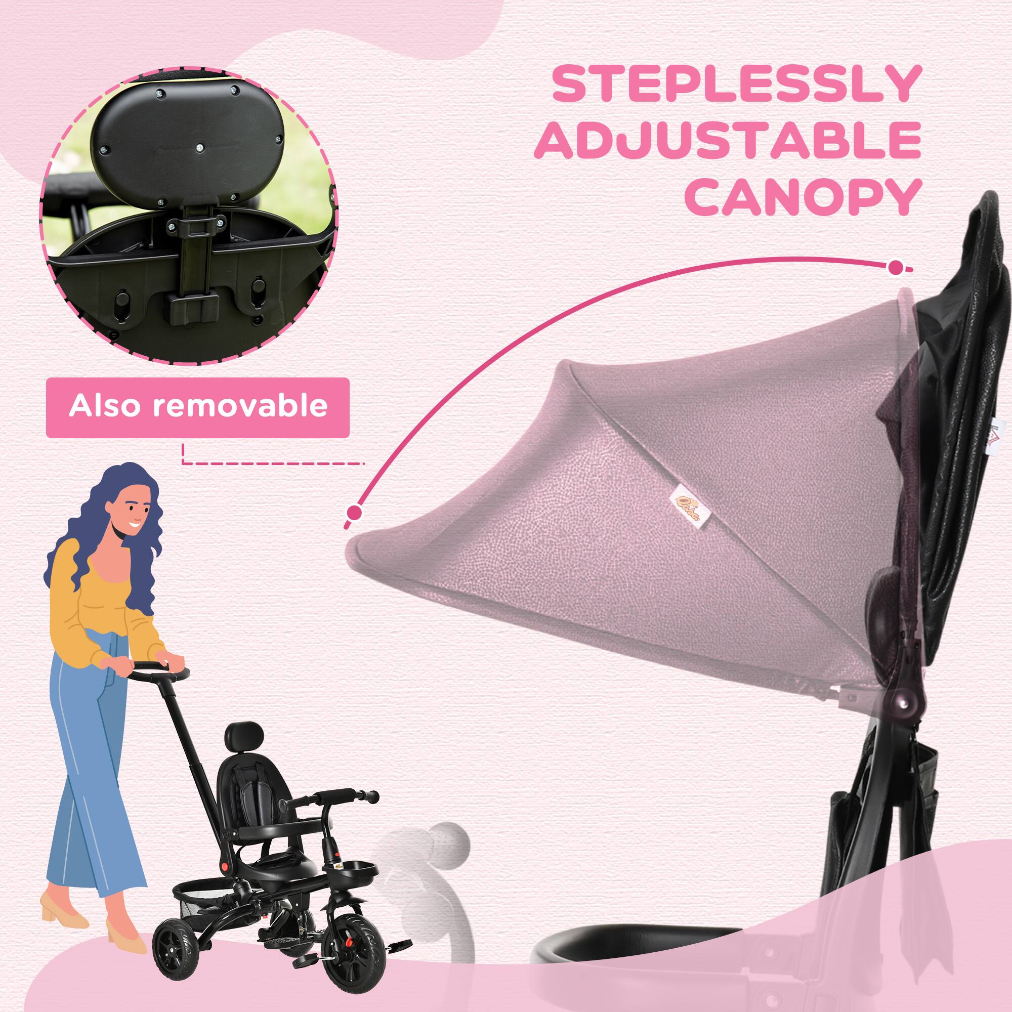 Steplessly Adjustable Canopy  
Also removable