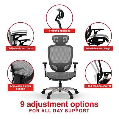 Pivoting headrest  
Adjustable arm rests  
Adjustable seat height  
Adjustable lumbar support  
Tilt & tension control  

9 adjustment options  
FOR ALL DAY SUPPORT