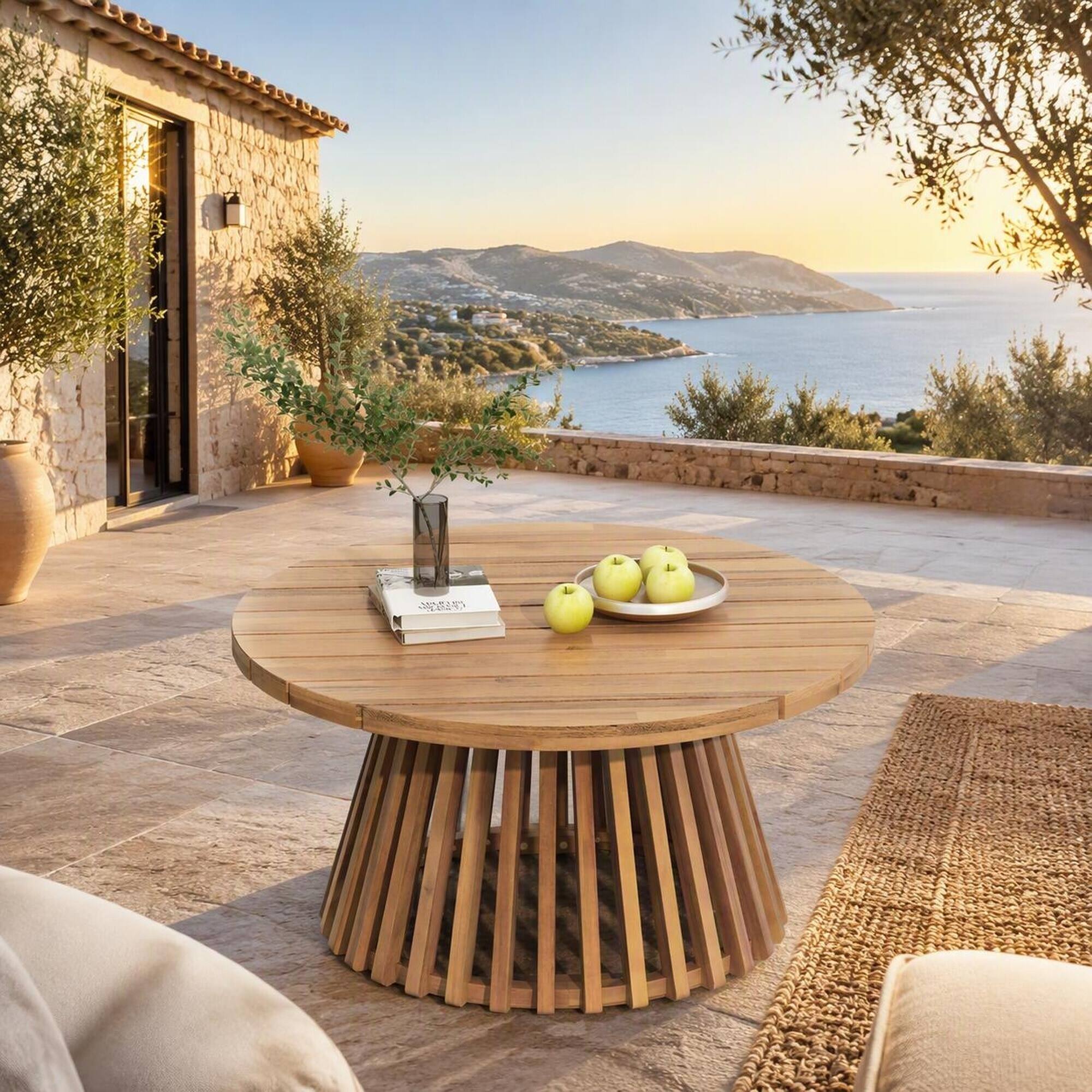 Back. RYHNUYNE - Round Outdoor Wood Coffee Table,Patio Accent Table with Slatted Pedestal Base,Wooden Side Table for Backyard - Light Teak.