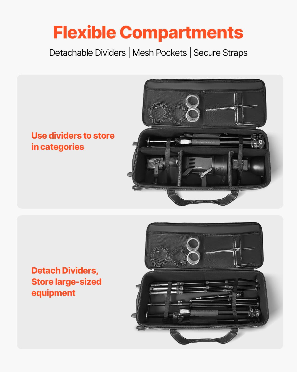 Flexible Compartments  
Detachable Dividers | Mesh Pockets | Secure Straps  

Use dividers to store in categories  

Detach Dividers, Store large-sized equipment