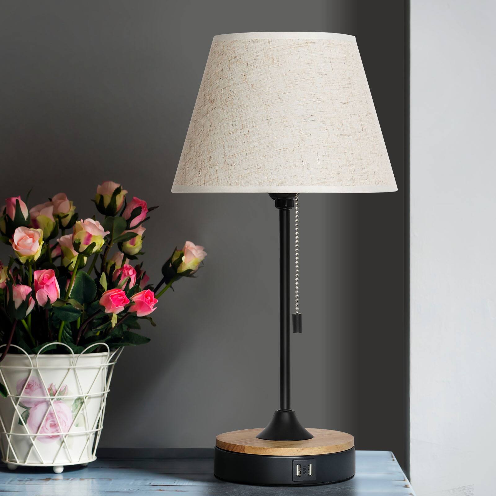 Alt View 2. Oumilen - Set of 2 Linen Shade Table Lamps with Dual USB – Modern Black Metal & Wood Base Nightstand Lamps.