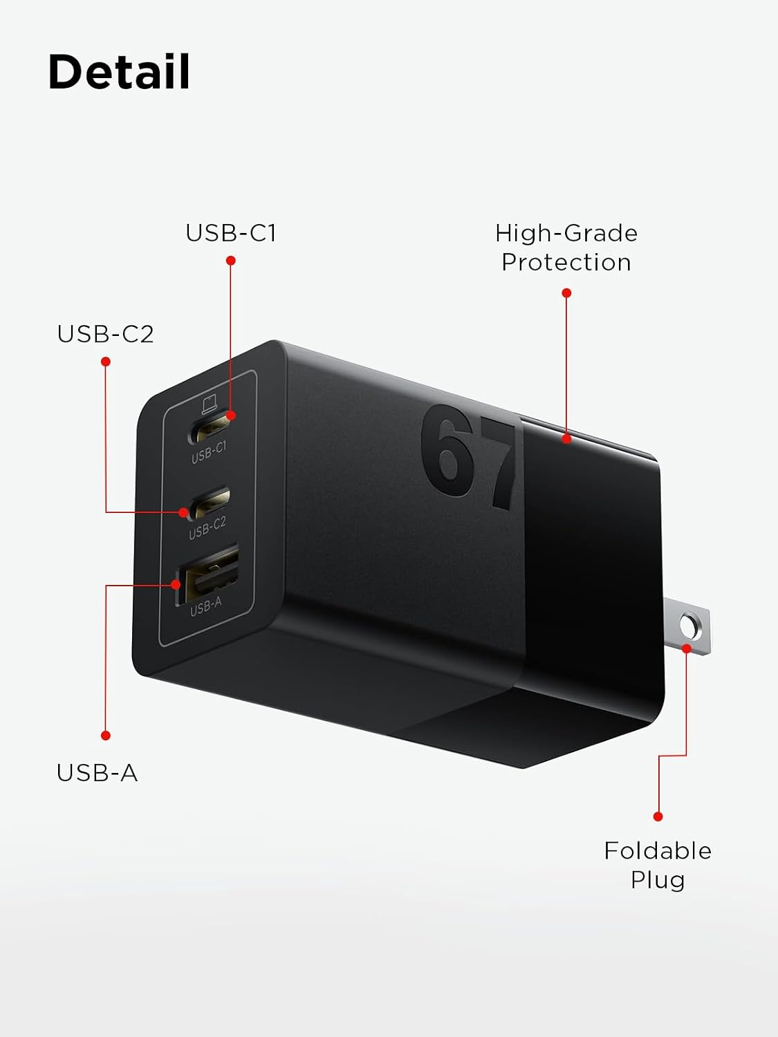 Detail

USB-C1
USB-C2
USB-A

High-Grade Protection

67

Foldable Plug