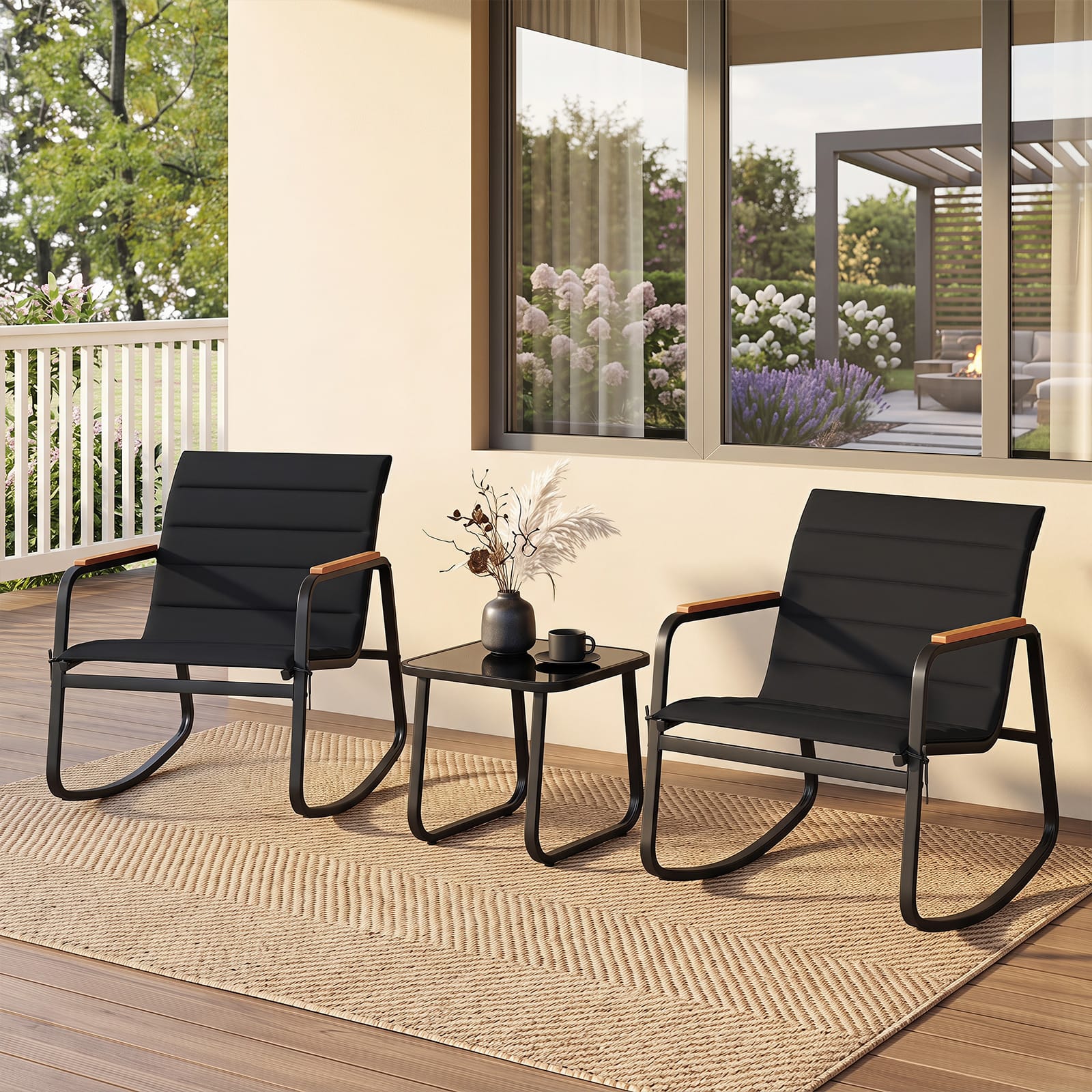 Costway - 3PCS Outdoor Rocking Bistro Set with Tempered Glass Table Metal Frame Soft Cushions - Black