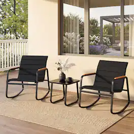 Costway - 3PCS Outdoor Rocking Bistro Set with Tempered Glass Table Metal Frame Soft Cushions - Black