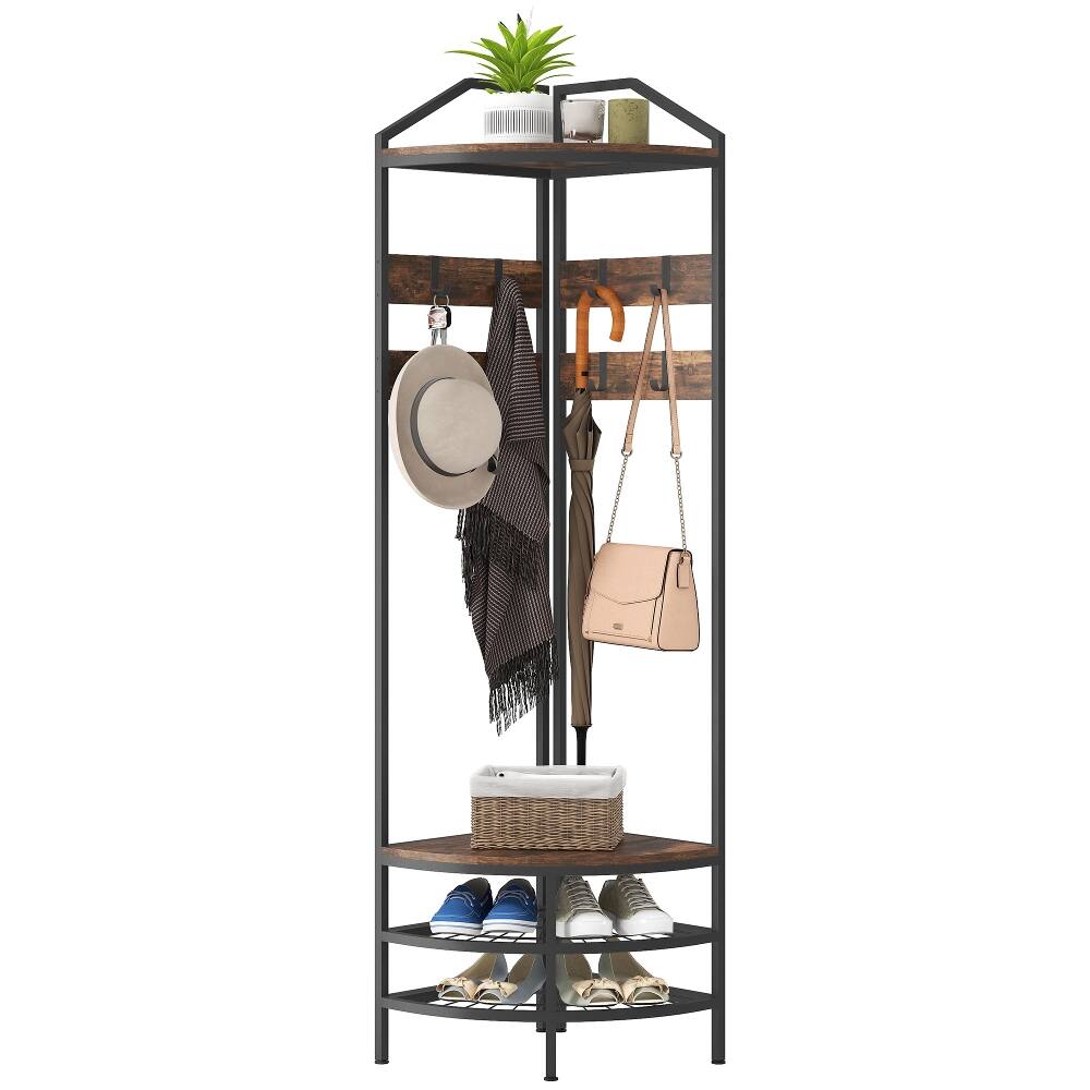 Alt View 1. Loheer - Loheer Industrial 4-Tier Coat Rack Corner Hall Tree with Shoe Storage 70.9 Inch H - Rustic Brown, Black.