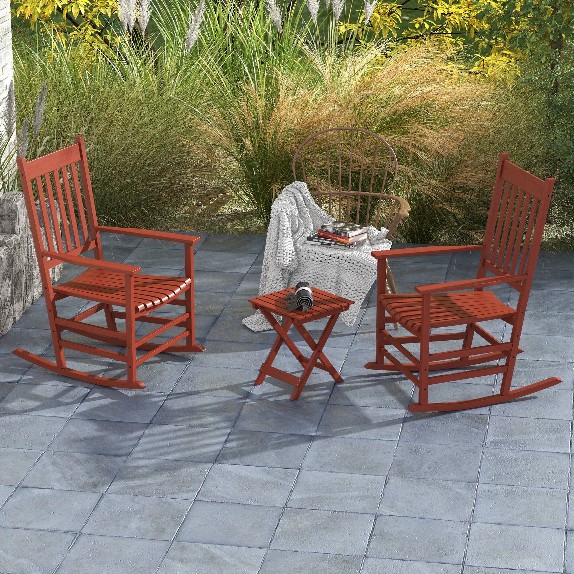 Alt View 1. Outsunny - Outdoor Rocking Chair Set of 2 with Side Table, Patio Wooden Rocking Chair with Smooth Armrests - Wine Red.