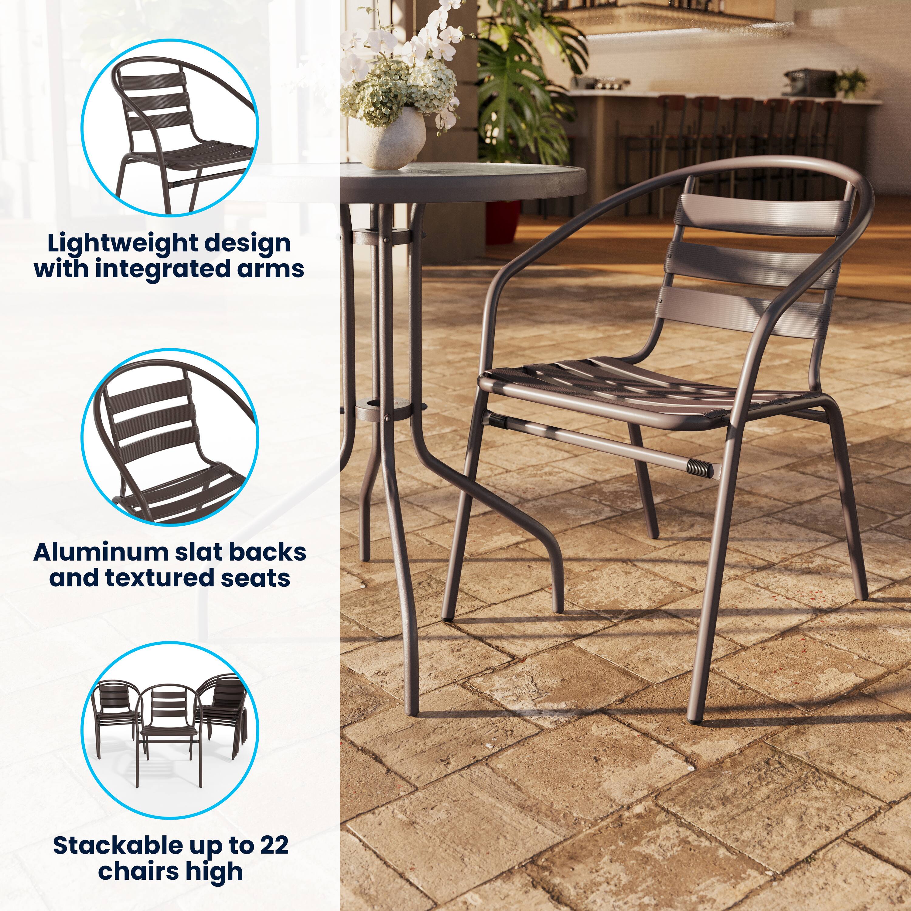 Lightweight design with integrated arms  
Aluminum slat backs and textured seats  
Stackable up to 22 chairs high
