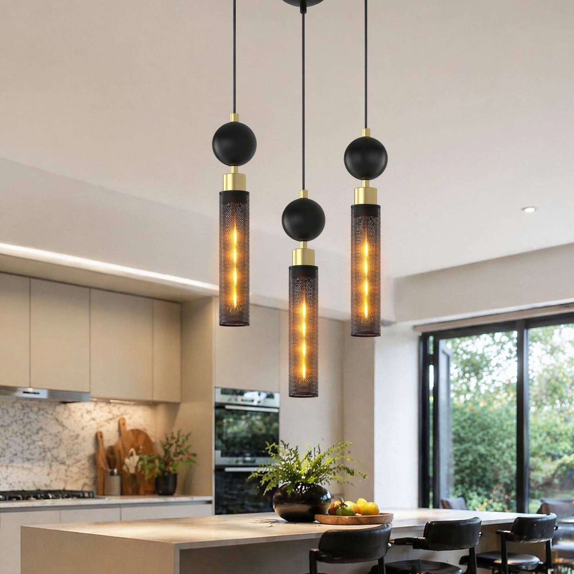 Alt View 2. RYHNUYNE - Modern Black Wrought Iron Pendant Light with Adjustable Cord for Kitchen Island, Dining Room, and Living Room.