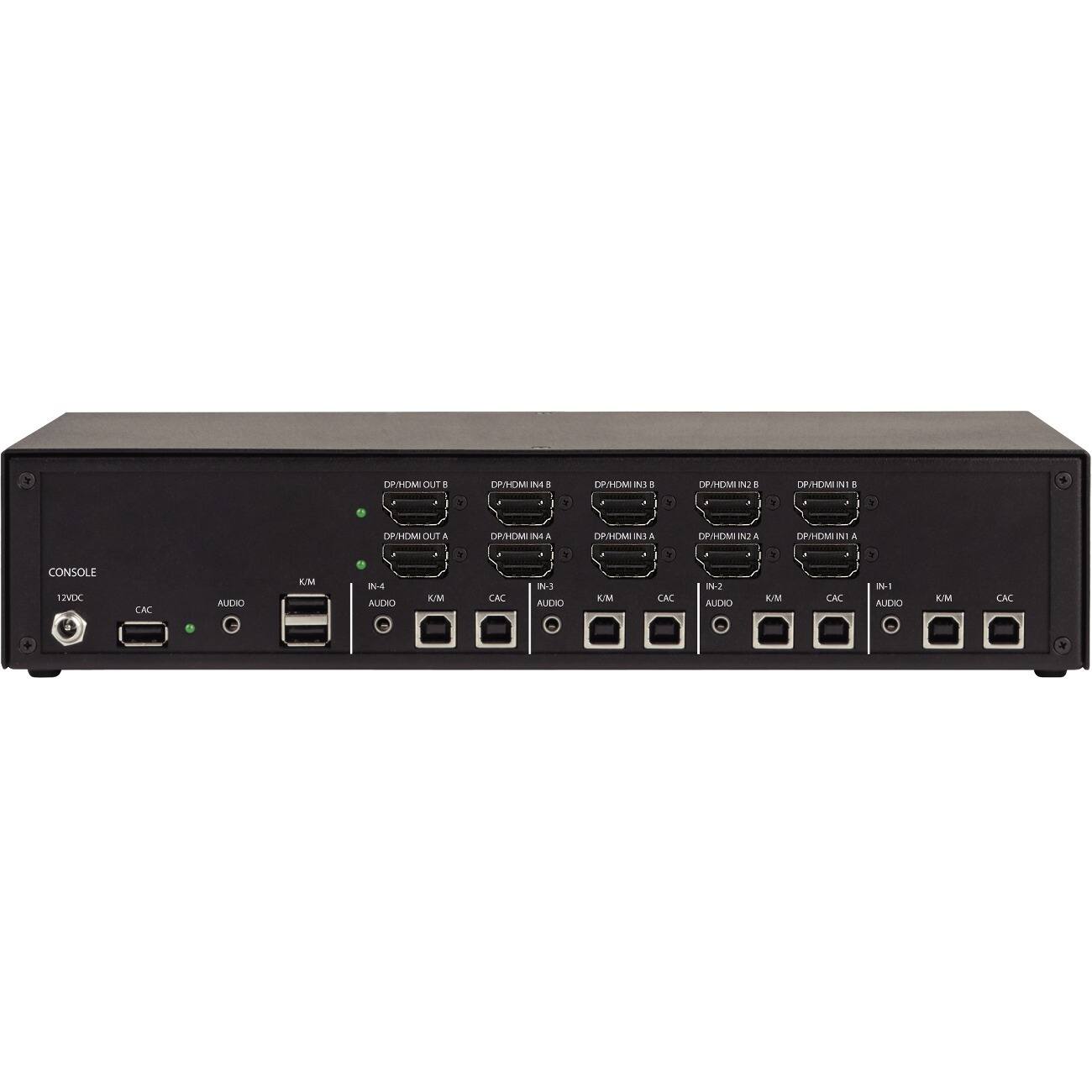 DP/HDMI OUT:
DP/HDMI OUT B
DP/HDMI OUT A

DP/HDMI IN:
DP/HDMI IN4 B
DP/HDMI IN3 B
DP/HDMI IN2 B
DP/HDMI IN1 B
DP/HDMI IN4 A
DP/HDMI IN3 A
DP/HDMI IN2 A
DP/HDMI IN1 A

CONSOLE:
12VDC

AUDIO:
IN-4 AUDIO
IN-3 AUDIO
IN-2 AUDIO
IN-1 AUDIO

K/M:
CAC