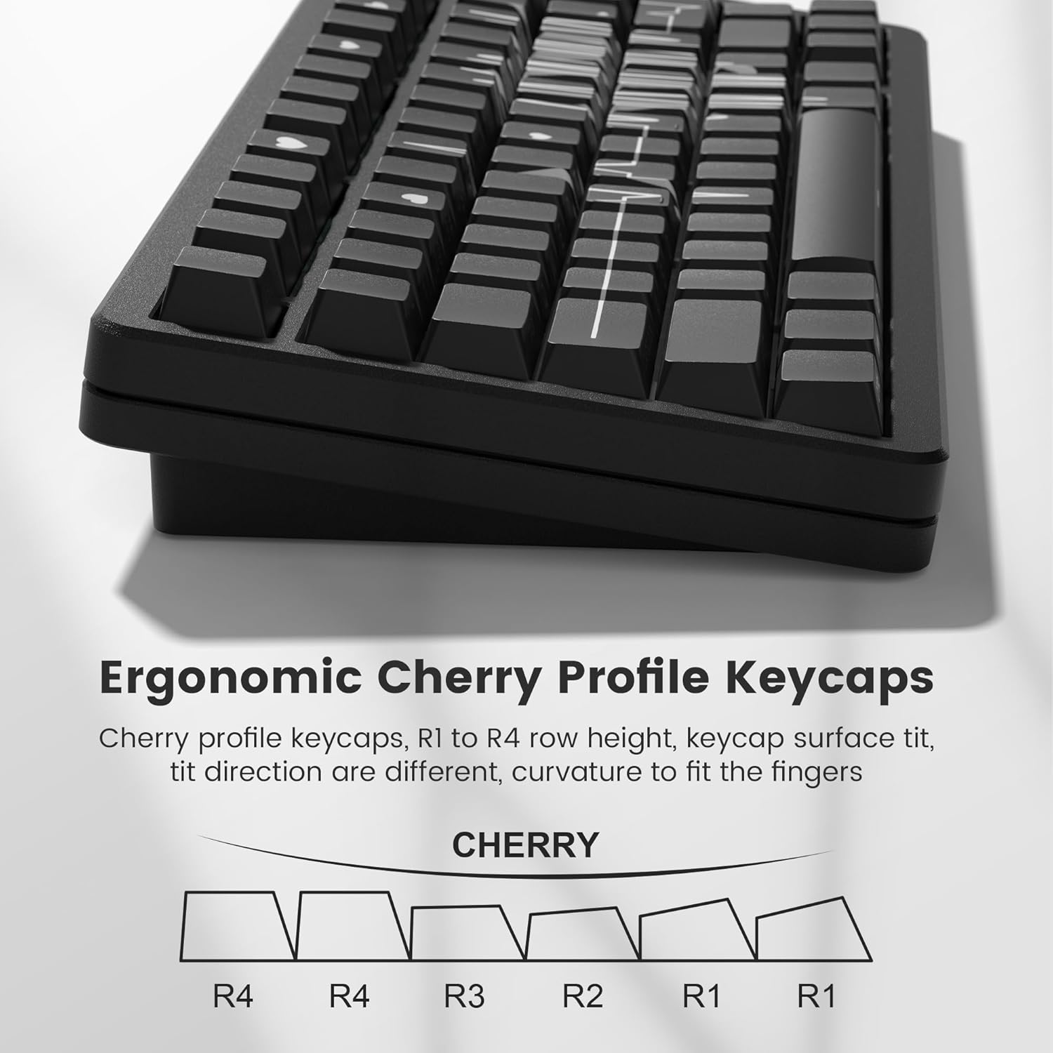 Ergonomic Cherry Profile Keycaps

Cherry profile keycaps, R1 to R4 row height, keycap surface tit, tit direction are different, curvature to fit the fingers

CHERRY

R4 R4 R3 R2 R1 R1