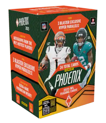 Sure, here is the corrected and grouped text from the image:
---
**PHOENIX 2025**
**FIND 3 BLASTER EXCLUSIVE HYPER PARALLELS!**
*PER BOX, ON AVERAGE*
**LOOK FOR AUTOGRAPHS FROM THE NFL'S HOTTEST PLAYERS!**
**FIND 3 BLASTER EXCLUSIVE HYPER PARALLELS!**
*PER BOX, ON AVERAGE*
**LOOK FOR THE ULTRA-RARE PHOENICIAN INSERT!**
**24 TOTAL CARDS**
**OFFICIAL NFTs**
*PANINI BLOCKCHAIN TECHNOLOGY*
**NFLPA**
**NFL**
**PANINI**
**PHOENIX 2025 NFL TRADING CARDS**
**3 BLASTER EXCLUSIVE HYPER PARALLELS!**
*PER BOX, ON AVERAGE*
**LOOK FOR AUTOGRAPHS FROM THE NFL'S HOTTEST PLAYERS!**
**FIND 3 BLASTER EXCLUSIVE HYPER PARALLELS!**
*PER BOX, ON AVERAGE*
**LOOK FOR THE ULTRA-RARE PHOENICIAN INSERT!**
**24 TOTAL CARDS**
**OFFICIAL NFTs**
*