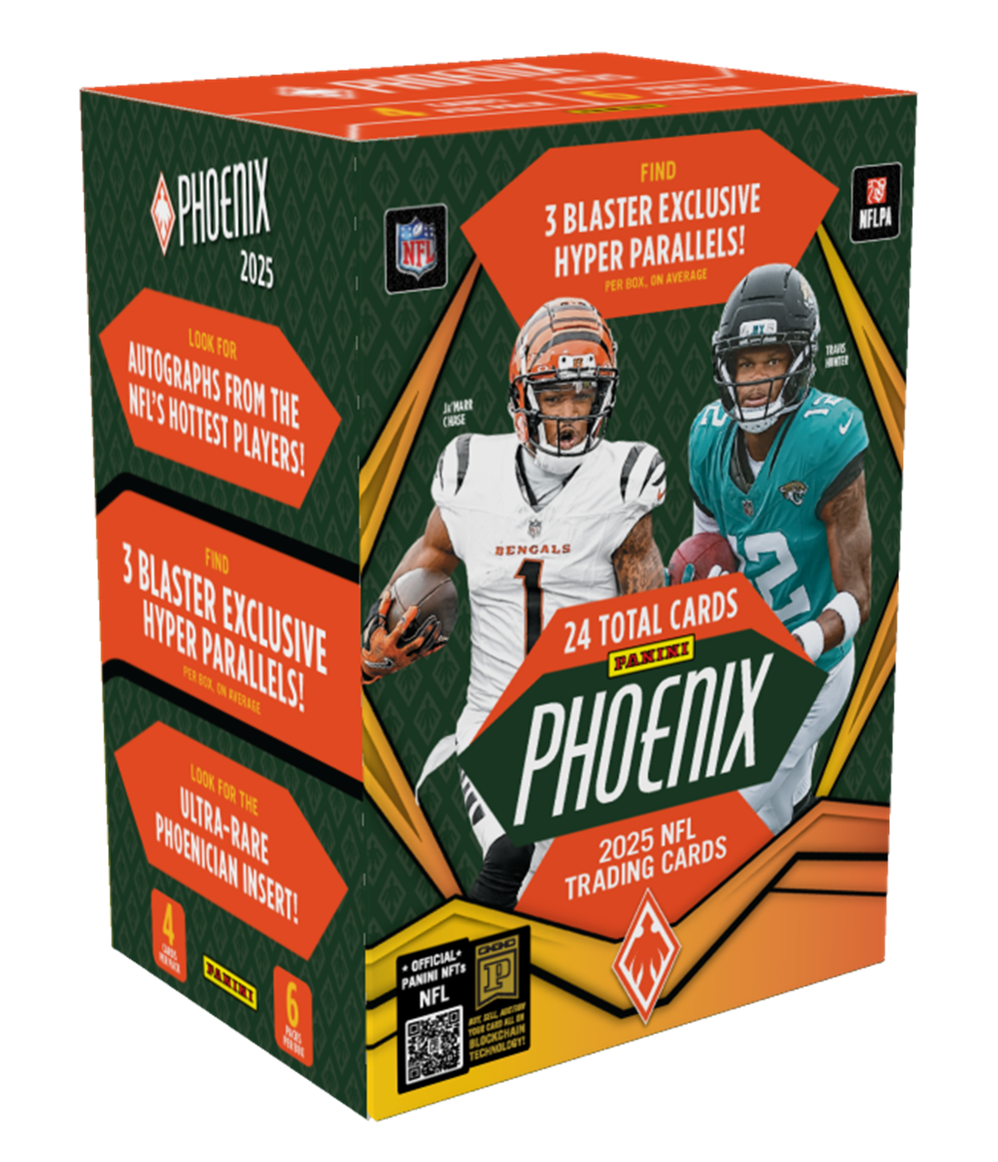 Sure, here is the corrected and grouped text from the image:

---

**PHOENIX 2025**

**FIND 3 BLASTER EXCLUSIVE HYPER PARALLELS!**  
*PER BOX, ON AVERAGE*

**LOOK FOR AUTOGRAPHS FROM THE NFL'S HOTTEST PLAYERS!**

**FIND 3 BLASTER EXCLUSIVE HYPER PARALLELS!**  
*PER BOX, ON AVERAGE*

**LOOK FOR THE ULTRA-RARE PHOENICIAN INSERT!**

**24 TOTAL CARDS**

**OFFICIAL NFTs**  
*PANINI BLOCKCHAIN TECHNOLOGY*

**NFLPA**

**NFL**

**PANINI**

**PHOENIX 2025 NFL TRADING CARDS**

**3 BLASTER EXCLUSIVE HYPER PARALLELS!**  
*PER BOX, ON AVERAGE*

**LOOK FOR AUTOGRAPHS FROM THE NFL'S HOTTEST PLAYERS!**

**FIND 3 BLASTER EXCLUSIVE HYPER PARALLELS!**  
*PER BOX, ON AVERAGE*

**LOOK FOR THE ULTRA-RARE PHOENICIAN INSERT!**

**24 TOTAL CARDS**

**OFFICIAL NFTs**  
*