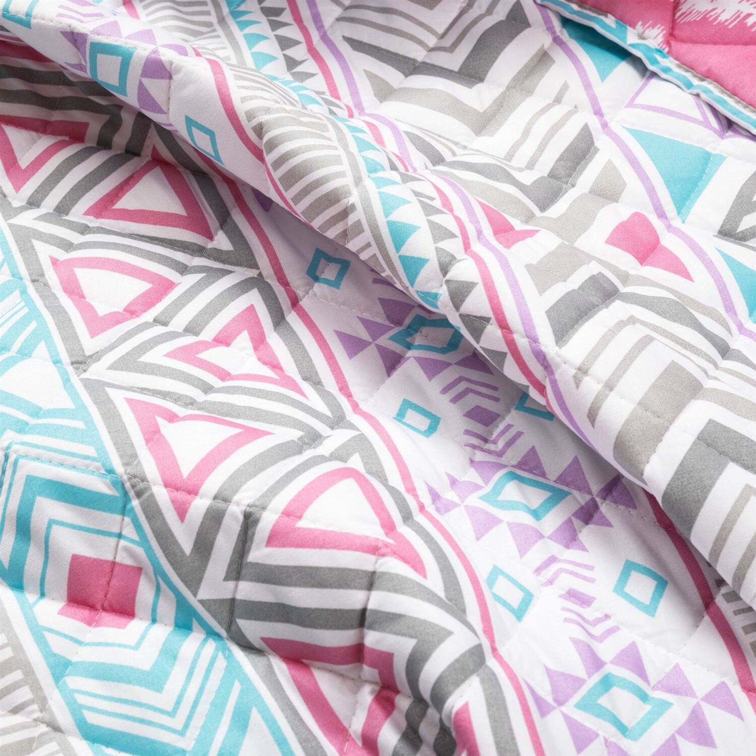 Left. Hivvago - Twin Southwest Indian Style Polyester Pink Blue Striped Reversible Quilt Set - Pink Blue.