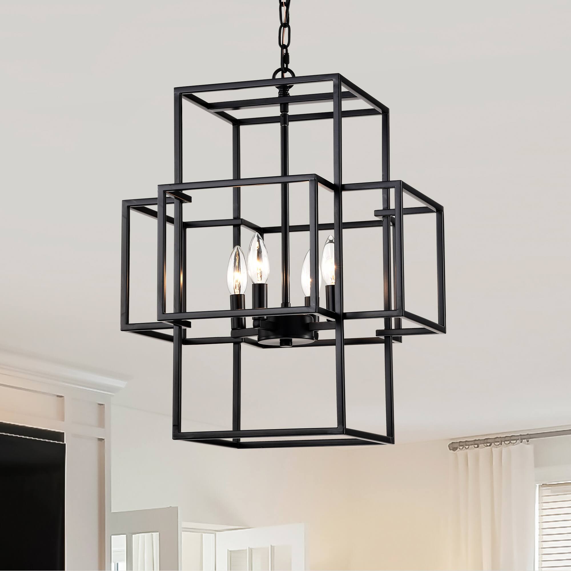 Angle. APRILSOUL - 4-Light Metal Lantern Tiered Pendant Hanging Light Fixtures Farmhouse Adjustable Height E12 Bulbs Not Included.