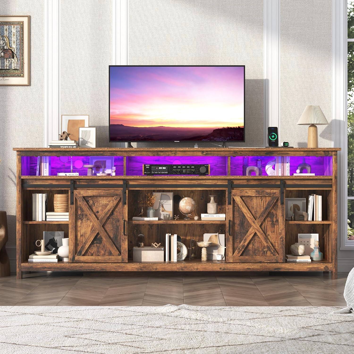 Angle. Espafurni - Farmhouse TV Stand with Power Outlet & Sliding Barn Doors – Fits 85–90" TVs, Wood Entertainment Center with Storage - Rustic Brown.