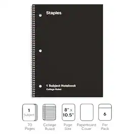 Staples - 1‑Subject Notebook, 8” x 10.5”, College Ruled, 70 Sheets - Black