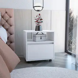 Loheer - Nightstand with Drawer, Caster Wheels and Divided Shelf for Bedroom - White