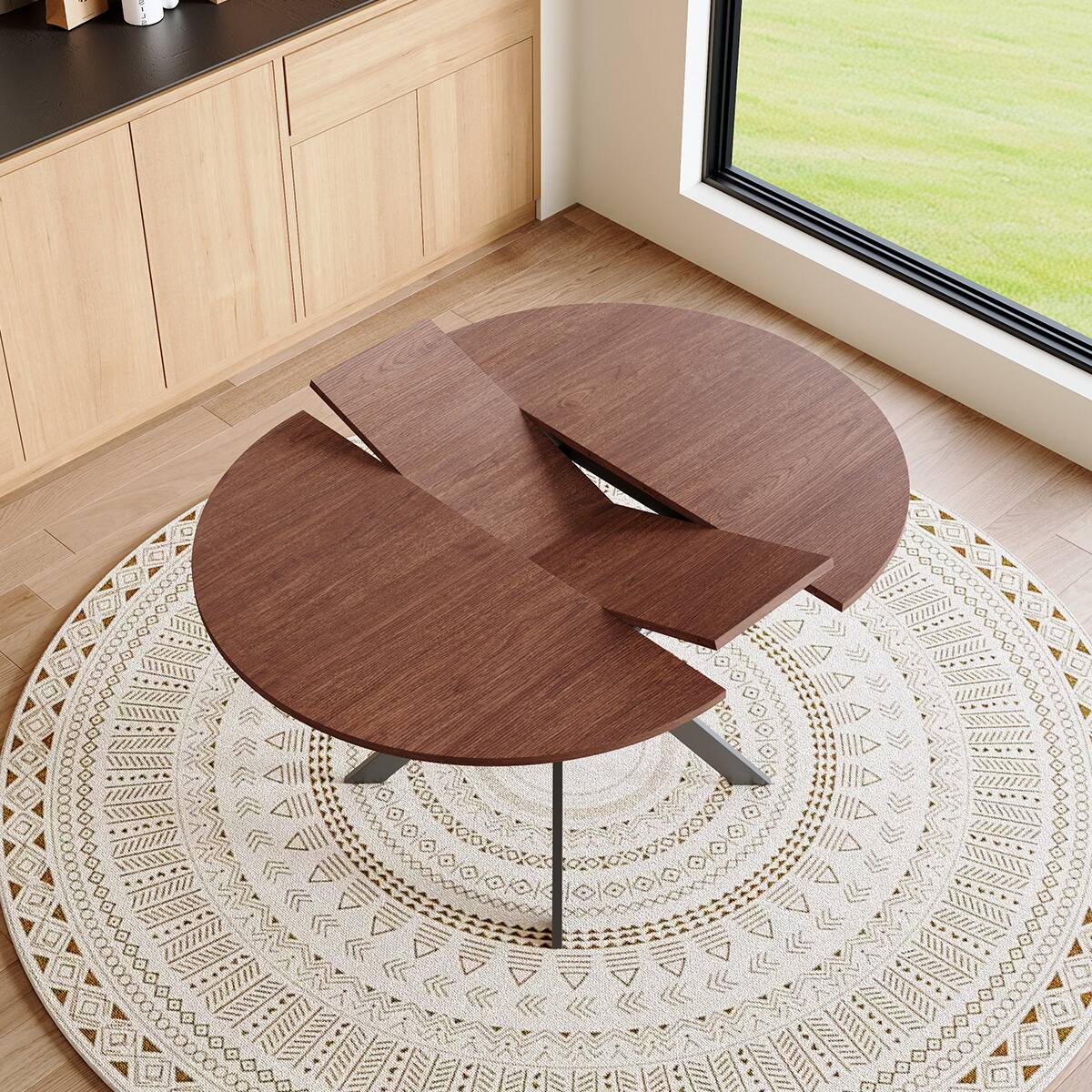 Left. Loheer - Loheer- Extendable Round Dining Table 3.58 to 4.5 ft Space Saving Metal Legs 4 to 6 Seater for Small Apartment - Walnut.