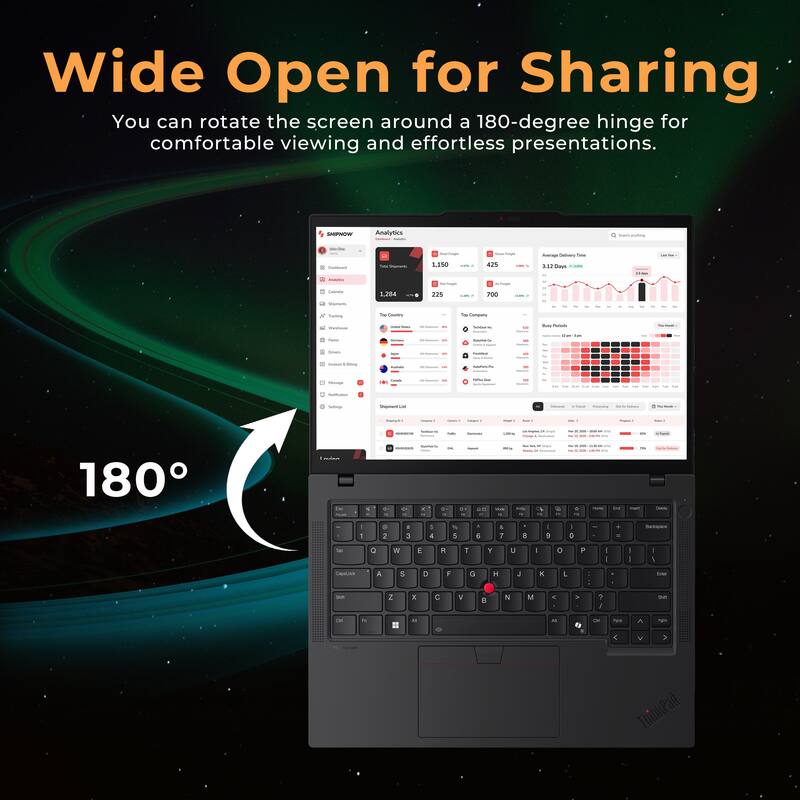 Wide Open for Sharing  
You can rotate the screen around a 180-degree hinge for comfortable viewing and effortless presentations.  

180°