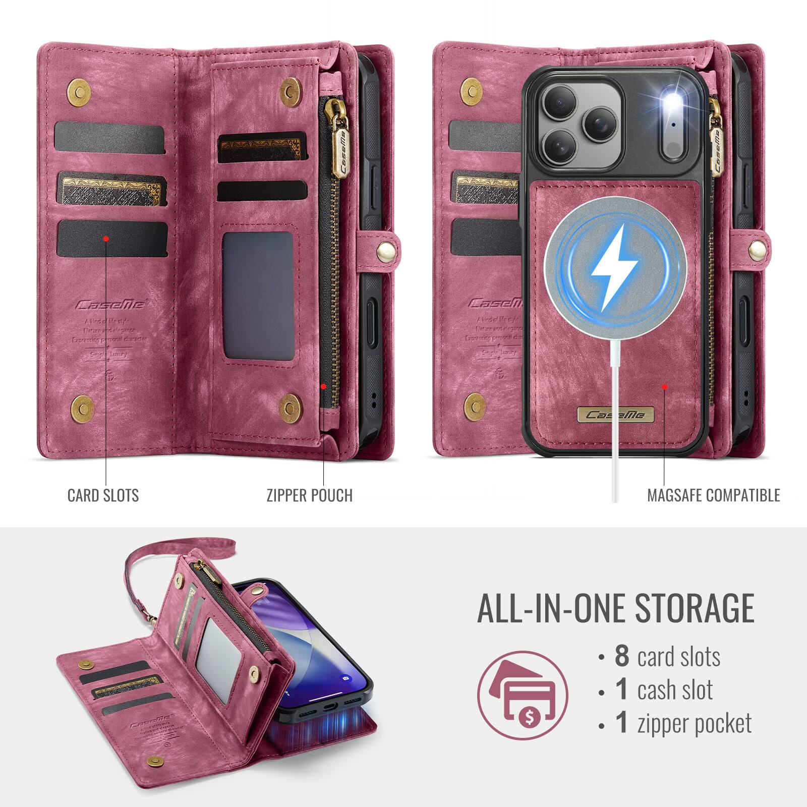 Laaada Laselr We 1A PN MsCN omears eeve proe Cos ille CARD SLOTS ZIPPER POUCH MAGSAFE COMPATIBLE ALL-IN-ONE STORAGE 8 card slots 1 cash slot 1 pocket zipper