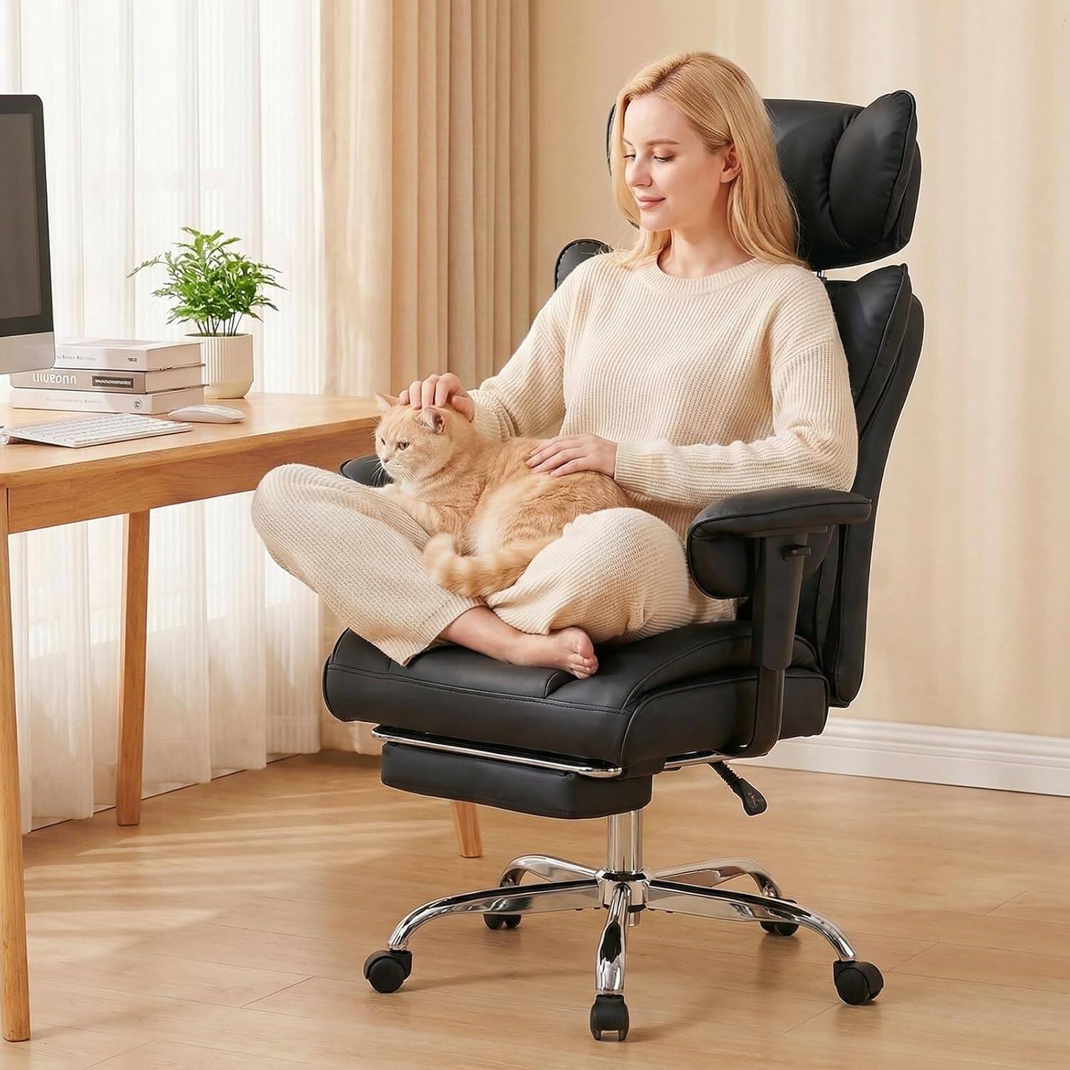 Left. Sweet - High Back Executive Office Chair with Footrest and Adjustable Armrests , Big and Tall PU Leather Gaming Chair, Black - Black.
