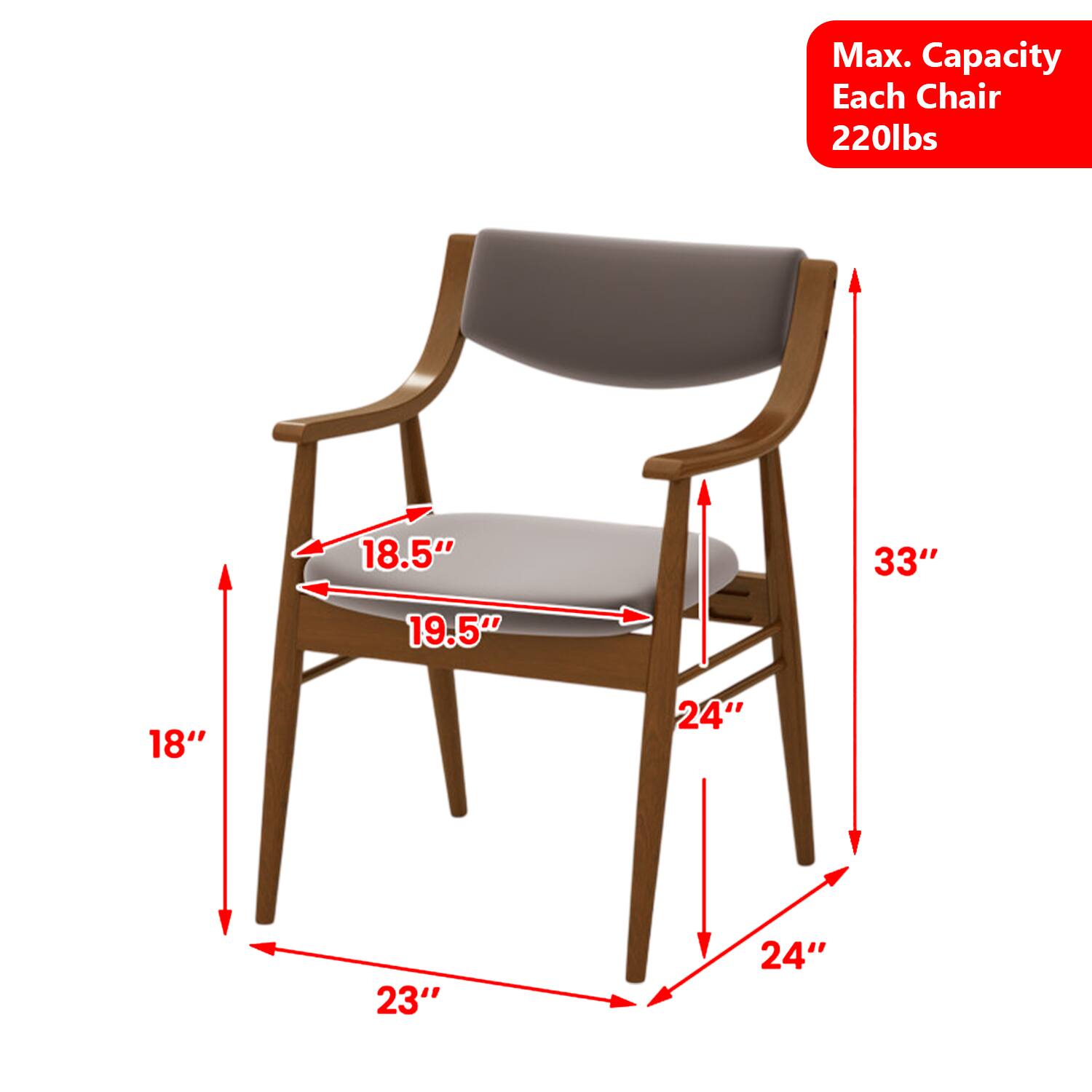 Max. Capacity Each Chair 220lbs  
18.5" 33" 19.5" 18" 24" 23" 24"