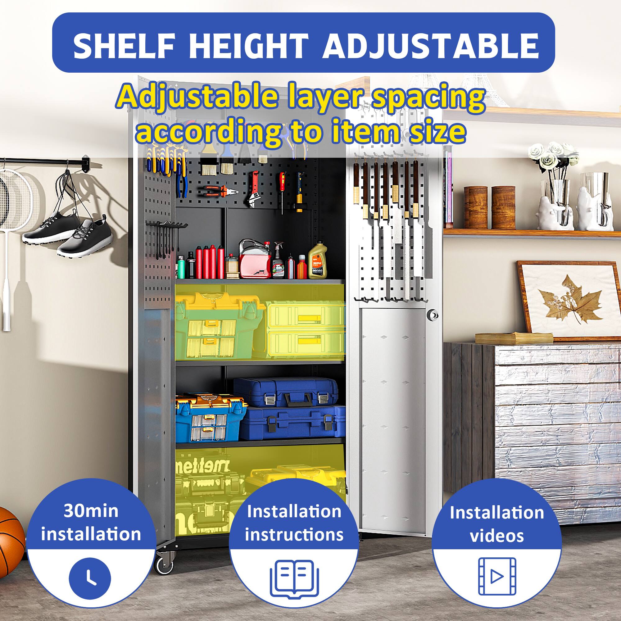 SHELF HEIGHT ADJUSTABLE  
Adjustable layer spacing according to item size  

1 metten  
30min installation  

Installation instructions  
Installation videos