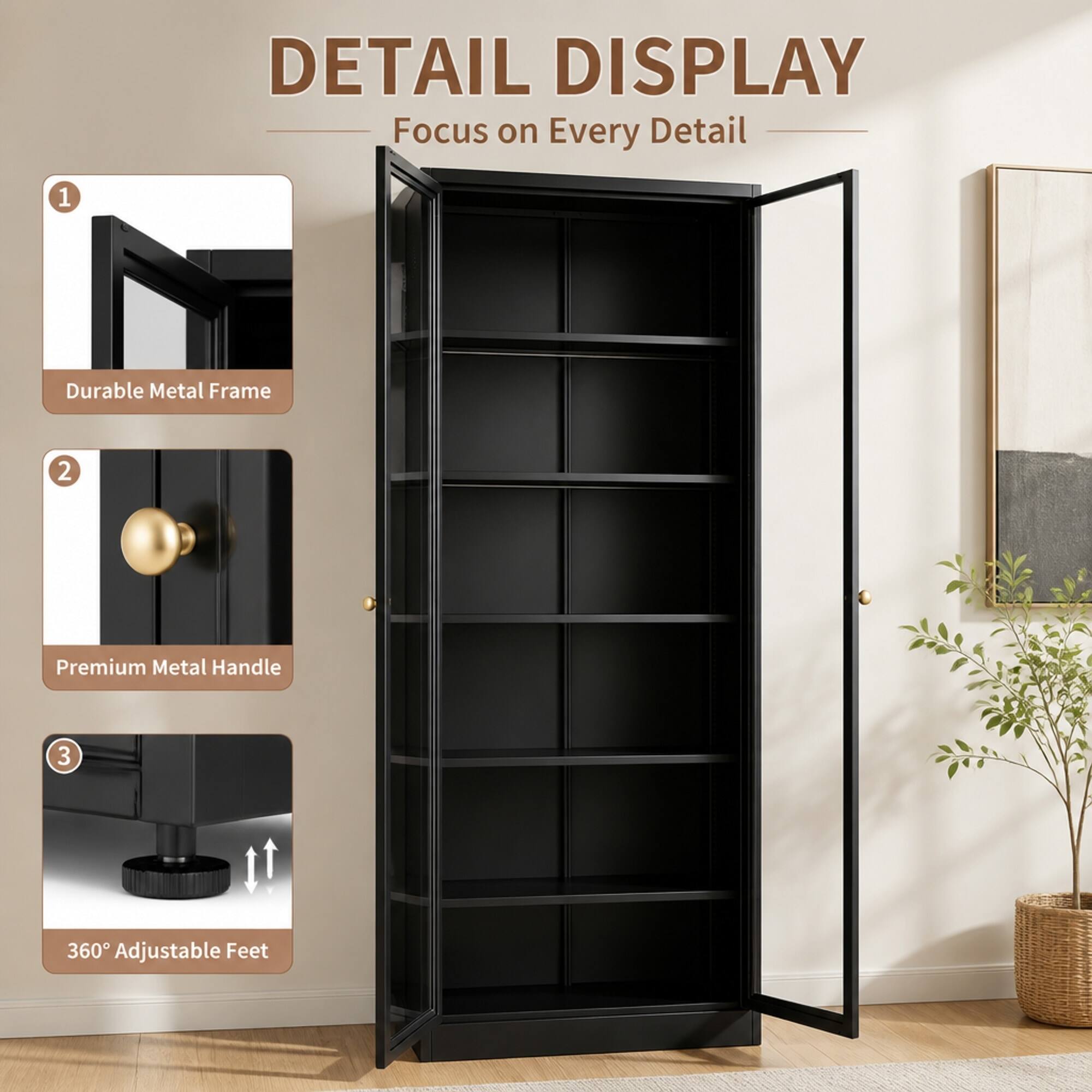 DETAIL DISPLAY  
Focus on Every Detail

1. Durable Metal Frame
2. Premium Metal Handle
3. 360° Adjustable Feet