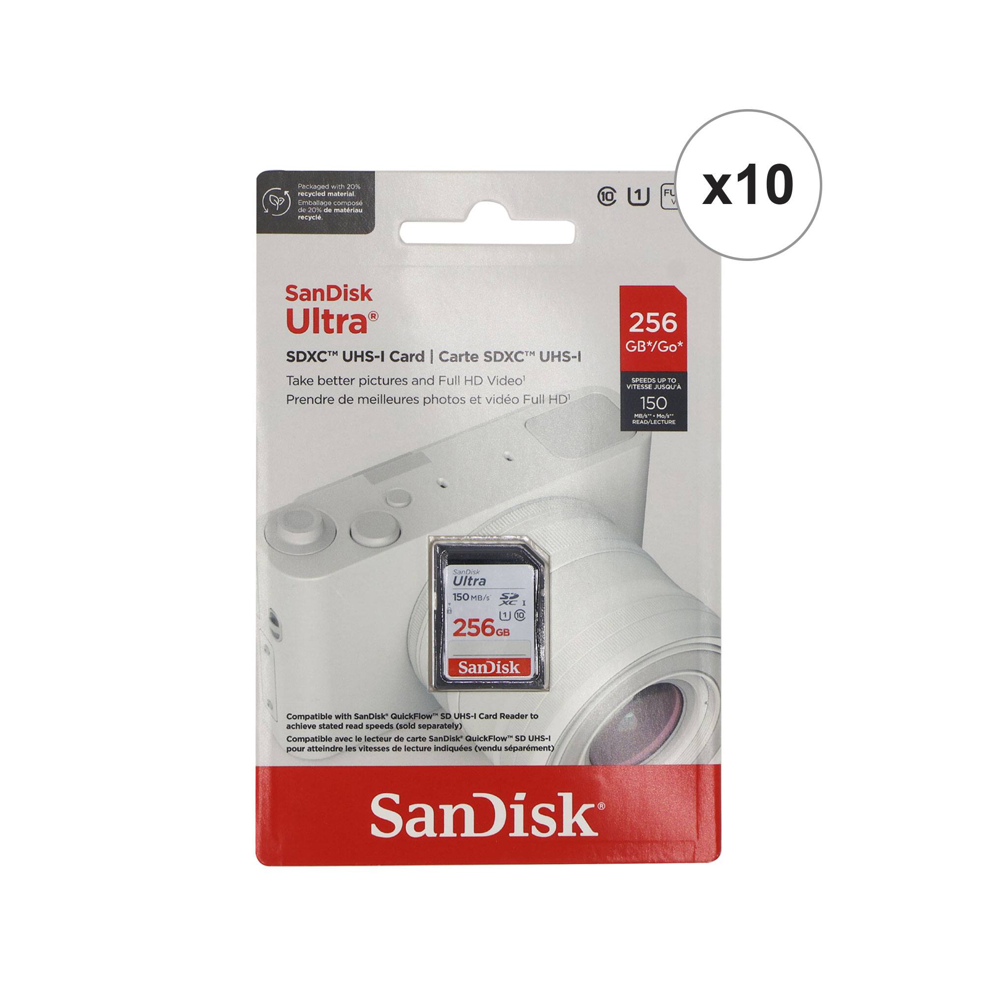SanDisk Ultra SDXC UHS-I Card | Carte SDXC UHS-I  
Take better pictures and Full HD Video | Prendre de meilleures photos et vidéo Full HD  
256 GB*  
SPEEDS UP TO 150 MB/s READ  
Compatible with SanDisk QuickFlow SD UHS-I Reader to achieve stated read speeds (sold separately)  
Compatible avec lecteur de carte SanDisk QuickFlow SD UHS-I pour atteindre les vitesses de lecture indiquées (vendu séparément)  

x10