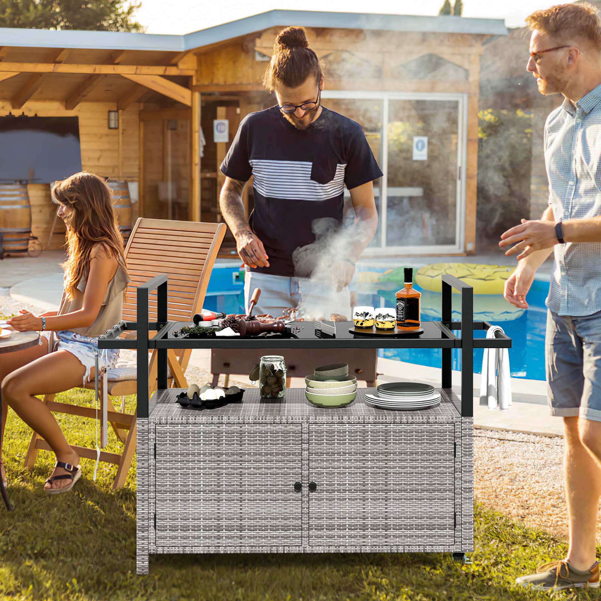 Alt View 3. Costway - Costway Outdoor Bar Cart with Tempered Glass Top Storage Cabinet & 8 Hooks for Porch - Gray.