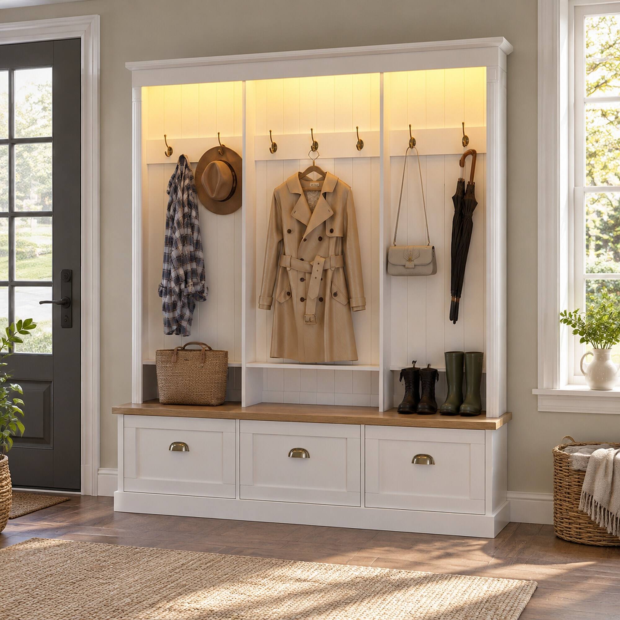 Left. RYHNUYNE - Elegant LED Light Hall Tree, 9 Hooks, 3 Cabinets, 3 Shelves, Natural Bench, White - White.