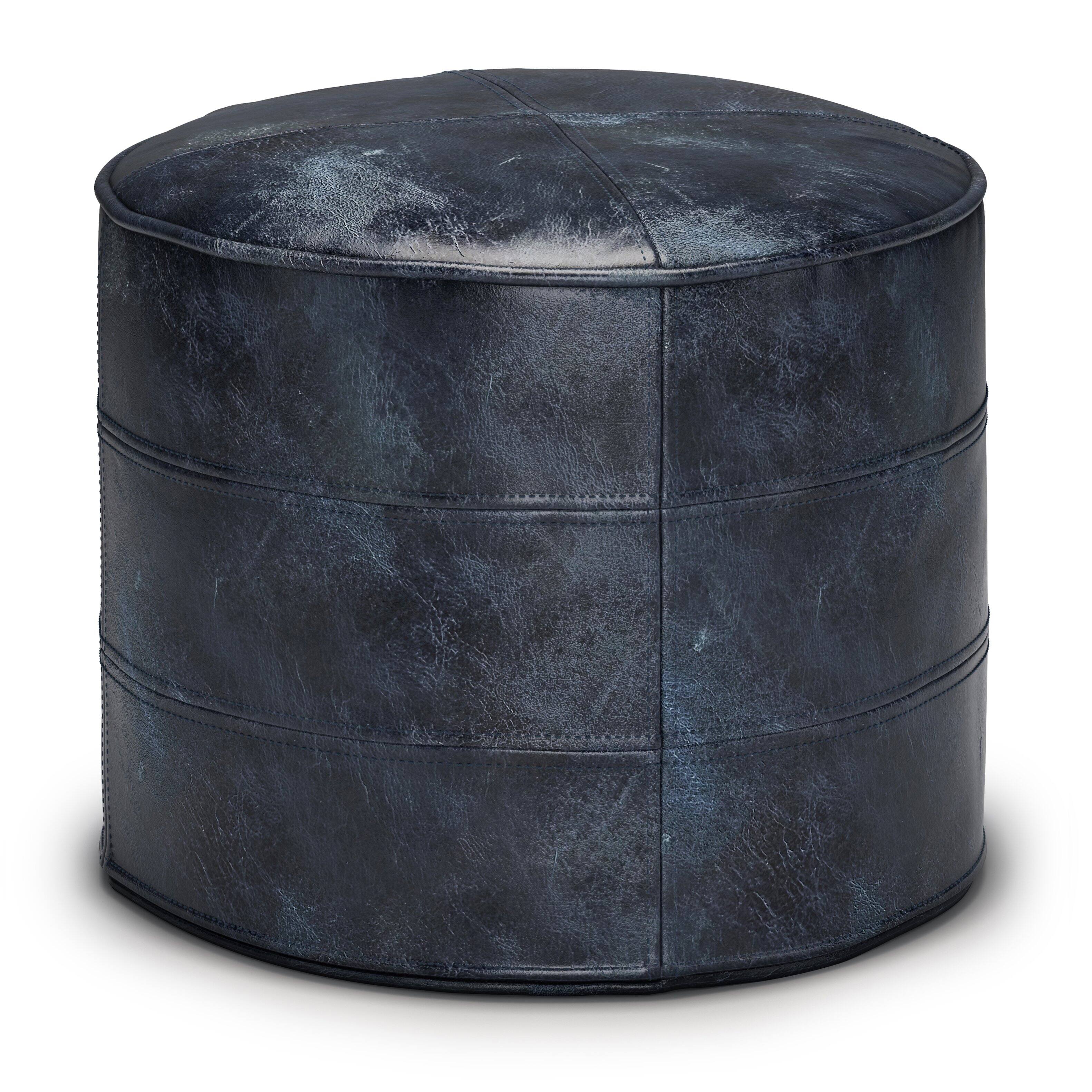 Angle. Simpli Home - Connor Round Pouf - Distressed Navy Blue.