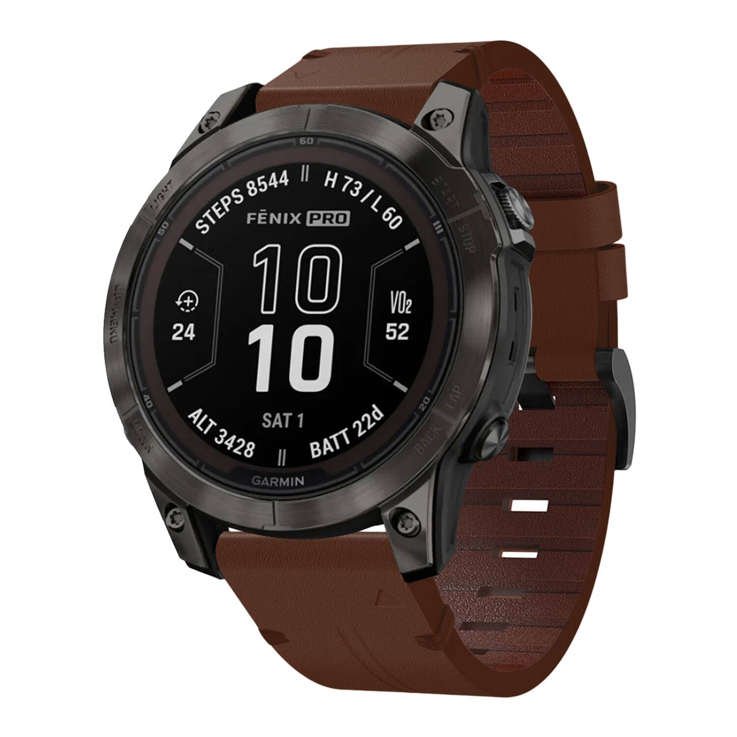 60 8544 STEPS H73/L60 FÉNIX PRO 50 STOP f + 10 VO2 52 10 24 52 10 40 20 LAP ALT 3428 SAT 1 22d BATT 22d BACK GARMIN