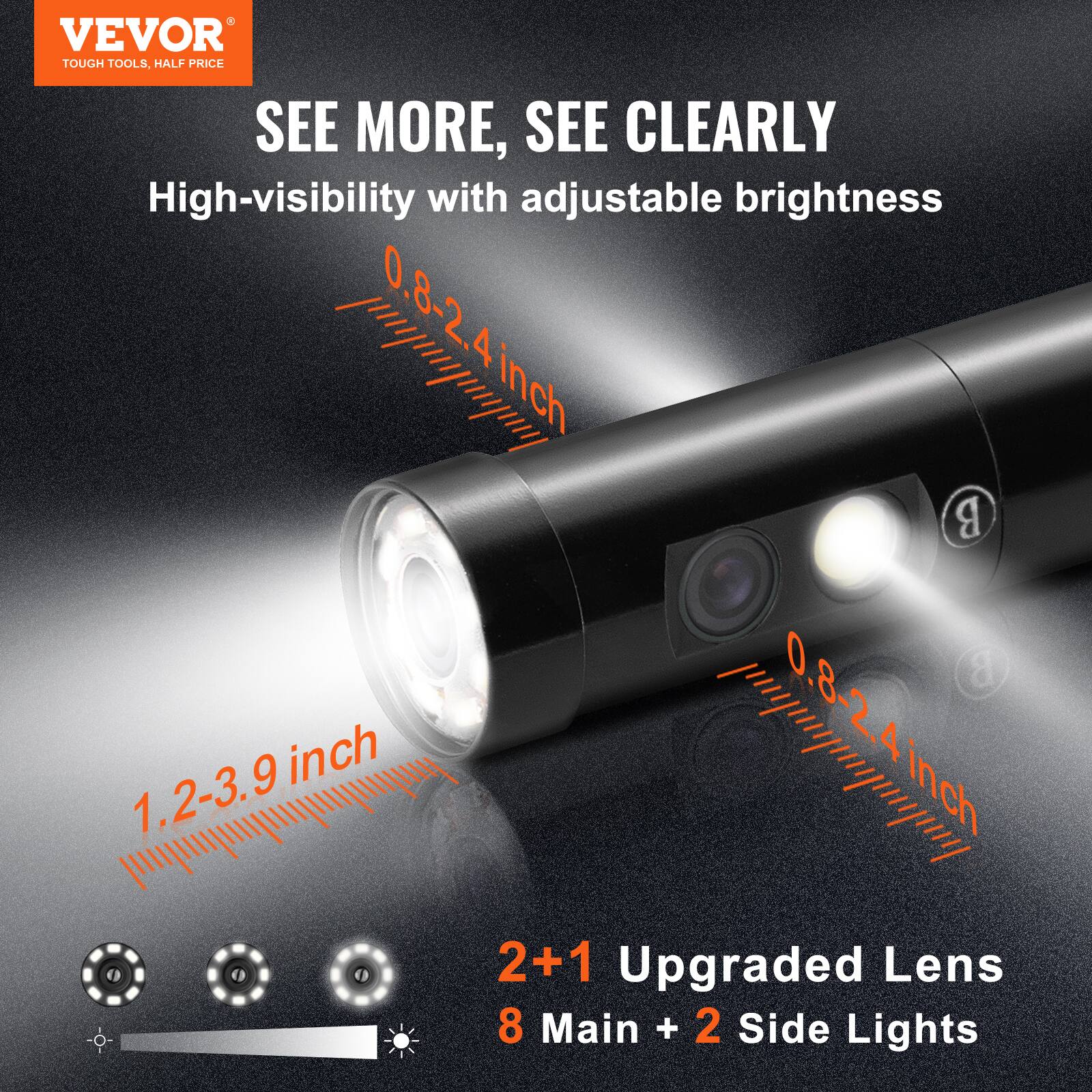 VEVOR TOUGH TOOLS, HALF PRICE

SEE MORE, SEE CLEARLY

High-visibility with adjustable brightness

0.8-2.4 inch  
1.2-3.9 inch  
0.8-2.4 inch

2+1 Upgraded Lens  
8 Main + 2 Side Lights