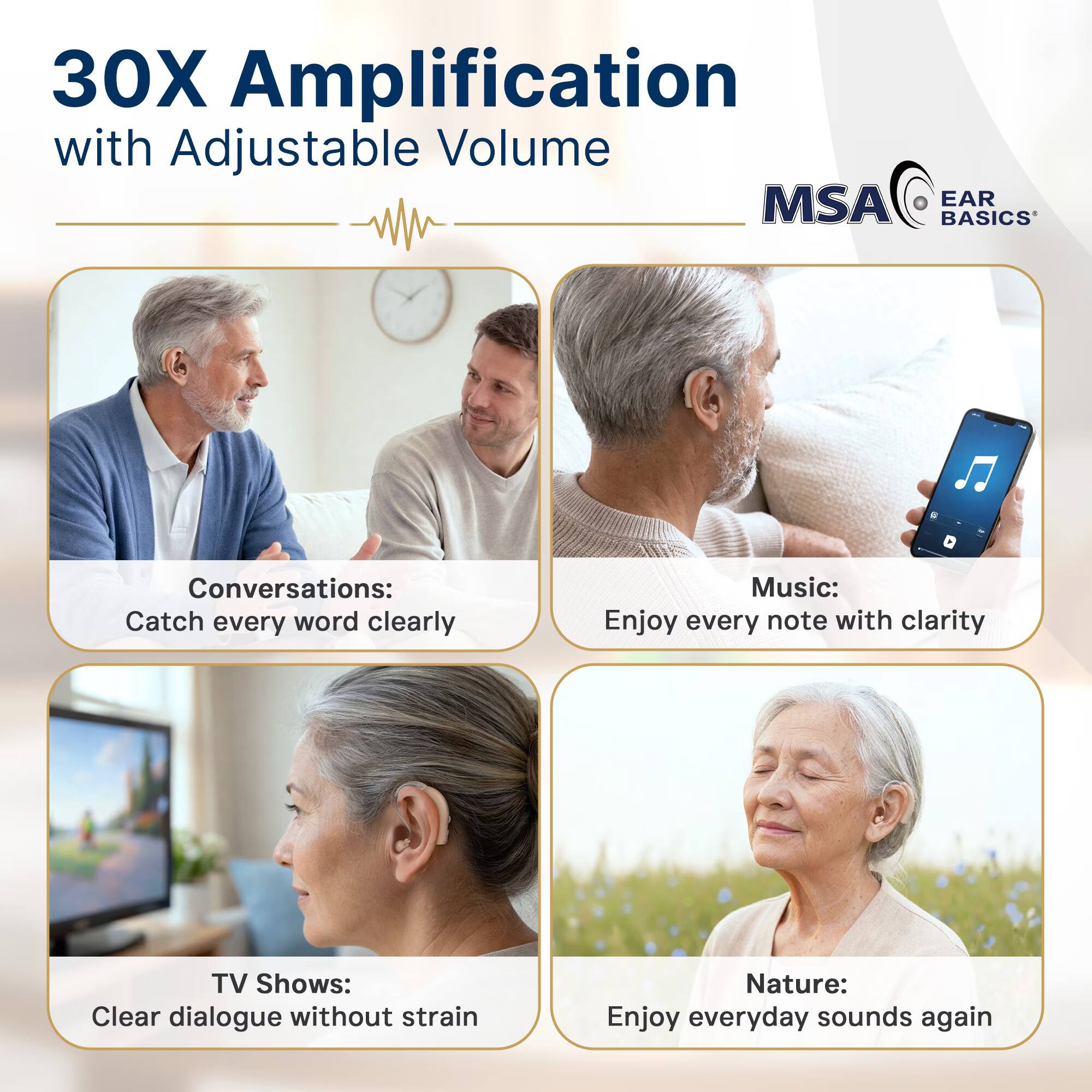 30X Amplification with Adjustable Volume

Conversations: Catch every word clearly

Music: Enjoy every note with clarity

TV Shows: Clear dialogue without strain

Nature: Enjoy everyday sounds again