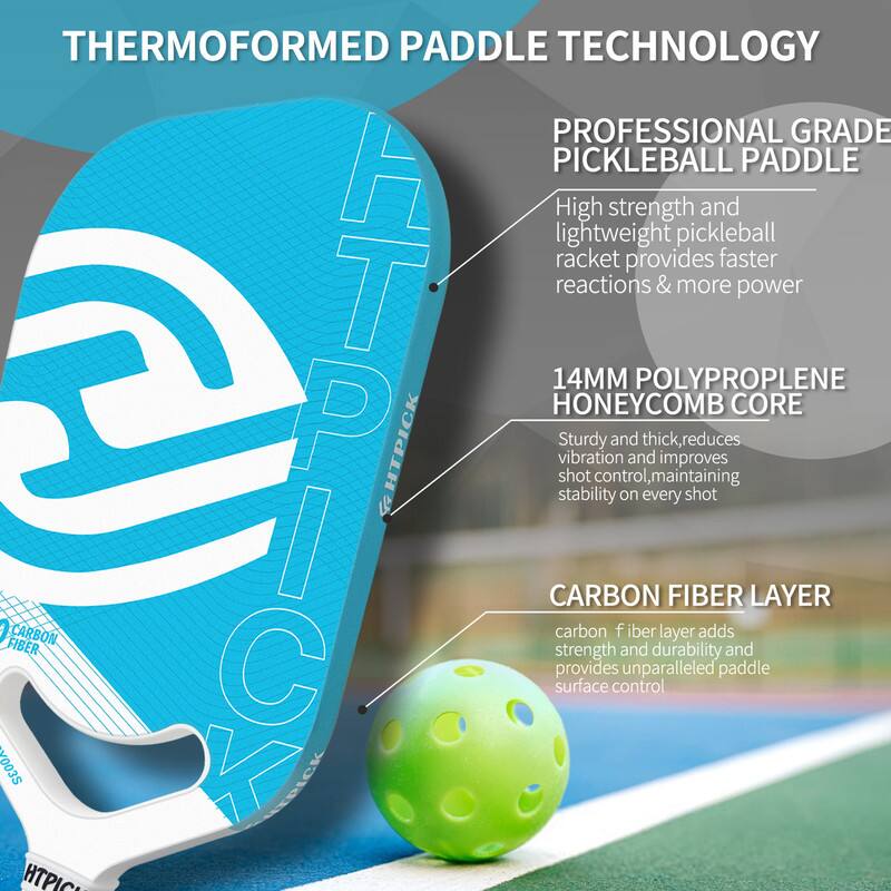 **THERMOFORMED PADDLE TECHNOLOGY**

**PROFESSIONAL GRADE PICKLEBALL PADDLE**

- High strength and lightweight pickleball racket provides faster reactions & more power

- **14MM POLYPROPYLENE HONEYCOMB CORE**
  - Sturdy and thick, reduces vibration and improves shot control, maintaining stability on every shot

- **CARBON FIBER LAYER**
  - Carbon fiber layer adds strength and durability and provides unparalleled paddle surface control