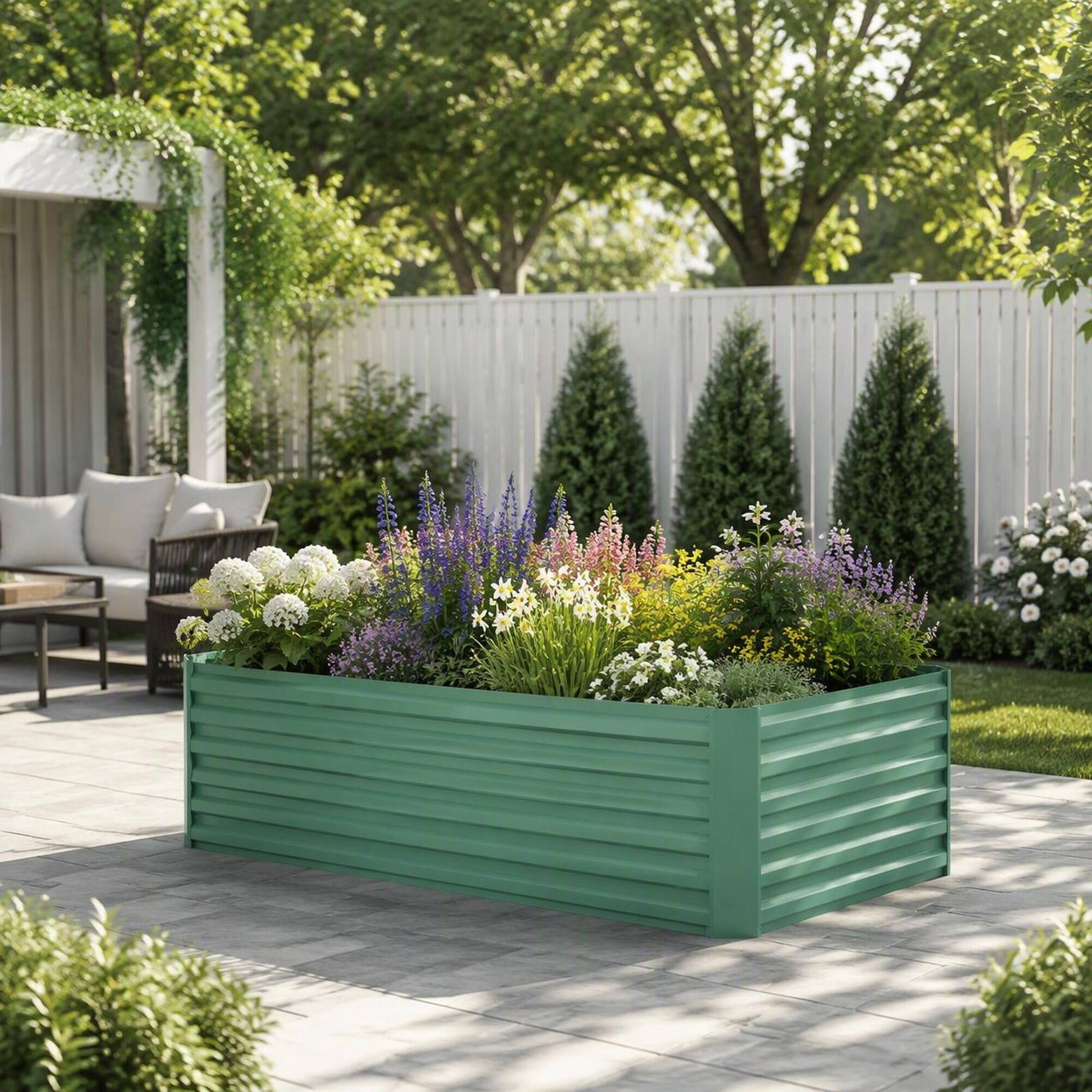 Back. RYHNUYNE - Large Galvanized Raised Garden Bed Kit 6ft x 3ft x 2ft Tall Metal Planter Box for Vegetables Flowers and Herbs - Green.