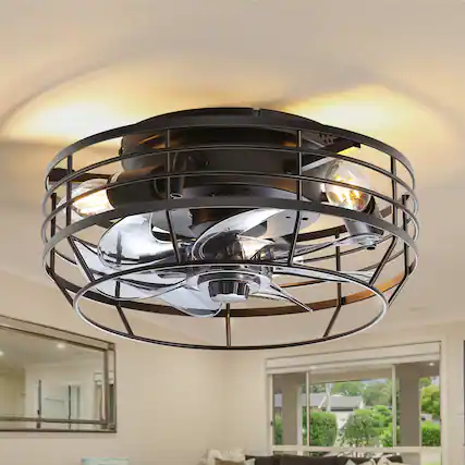 Front. Breezary - 12" Indoor Flush Mount Cage Ceiling Fan with Remote, 7 Blades, 6-Speed DC Motor, Timer & Memory, Compact for Small Rooms - Matte Black.