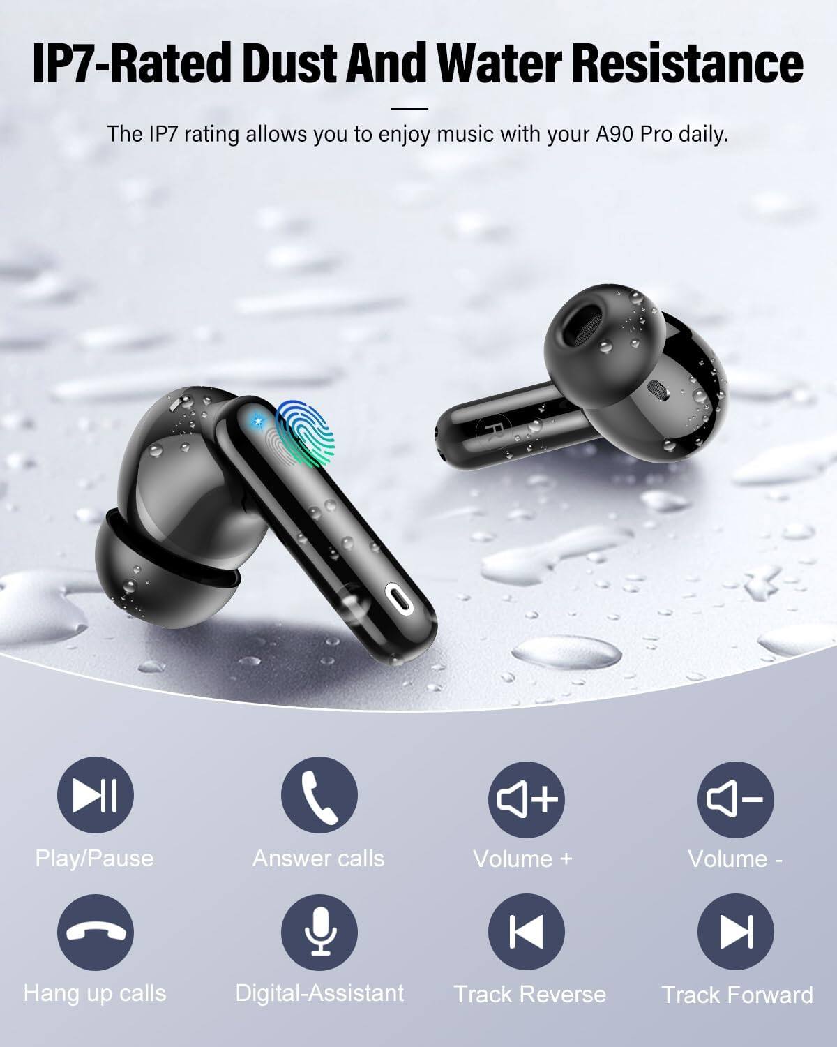 IP7-Rated Dust And Water Resistance

The IP7 rating allows you to enjoy music with your A90 Pro daily.

- Play/Pause
- Answer calls
- Volume +
- Volume -
- Hang up calls
- Digital-Assistant
- Track Reverse
- Track Forward