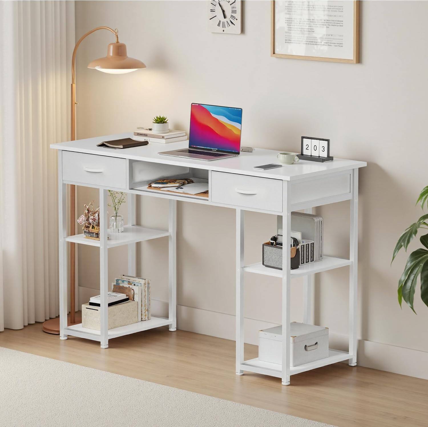 Left. Sweet - 48 Inch Home Office Desk with Fabric Drawers, Study Computer Desk Writing Table for Small Space, White - White.