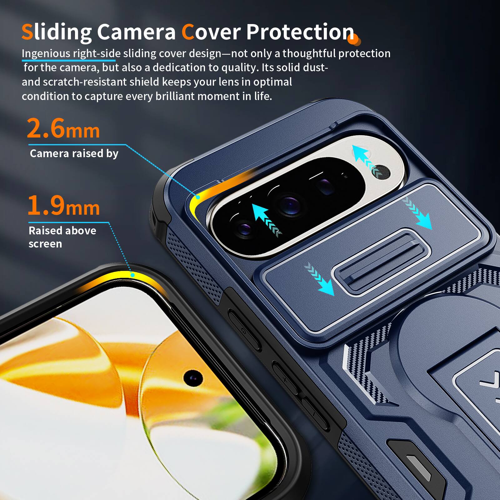 Sliding Camera Cover Protection

Ingenious right-side sliding cover design—not only a thoughtful protection for the camera, but also a dedication to quality. Its solid dust- and scratch-resistant shield keeps your lens in optimal condition to capture every brilliant moment in life.

2.6mm Camera raised by 1.9mm Raised above screen
